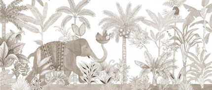 Children's wall mural by Musee featuring a sketch-style tropical jungle background with a painted elephant carrying a basket of fruit with its trunk.
