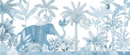 Children's wall mural by Musee featuring a sketch-style tropical jungle background with a painted elephant carrying a basket of fruit with its trunk.