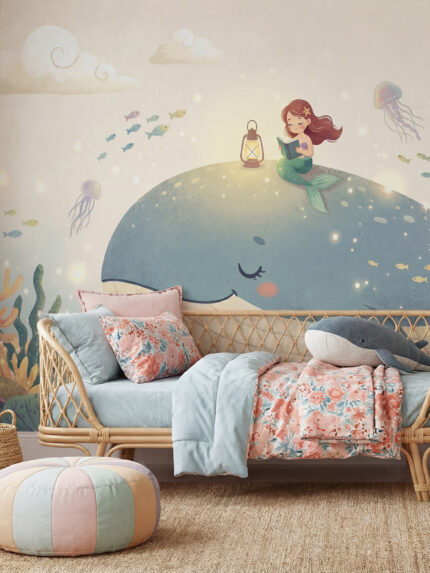 Children's wall mural by Musee featuring a large blue whale with a mermaid sitting on its back reading a book by lantern light, surrounded by jellyfish and coral in a soft underwater scene.