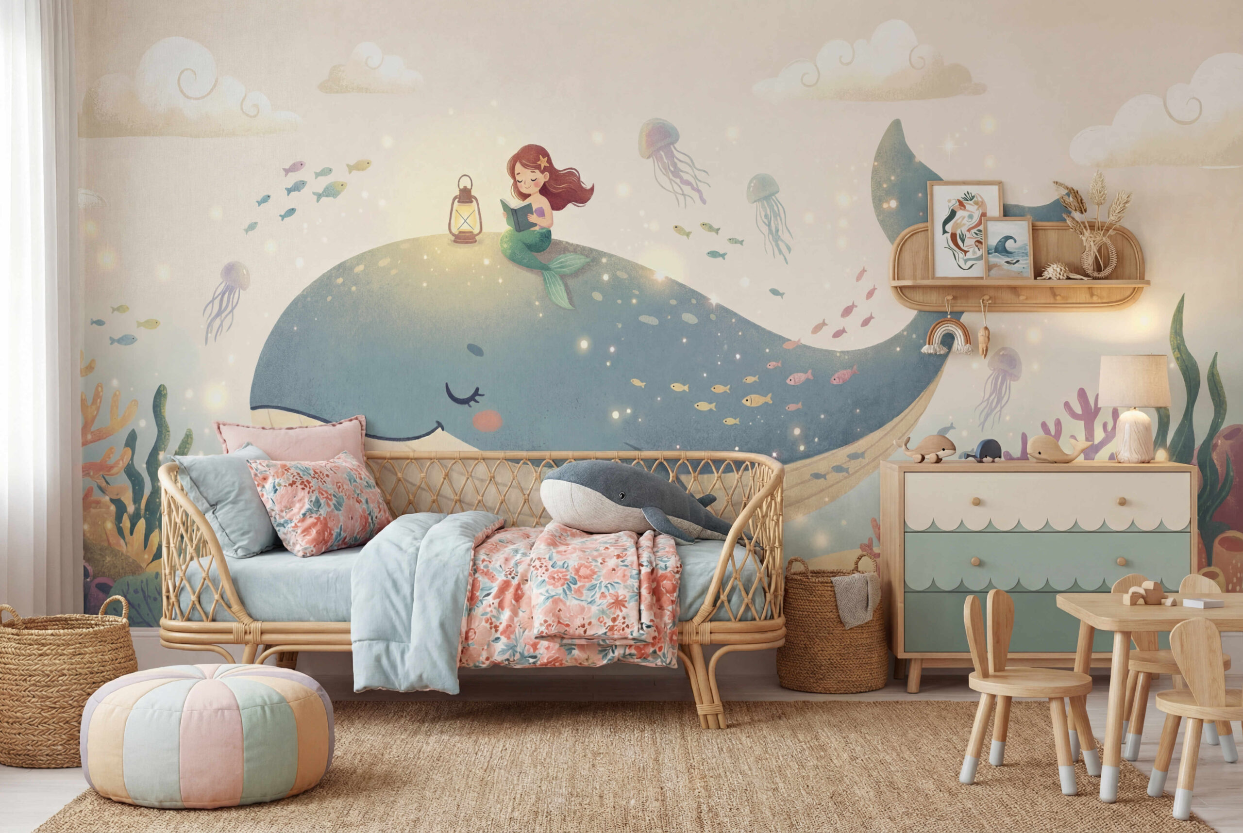 Musee | Ocean Tales Wall Mural Children's wall mural by Musee featuring a large blue whale with a mermaid sitting on its back reading a book by lantern light, surrounded by jellyfish and coral in a soft underwater scene.