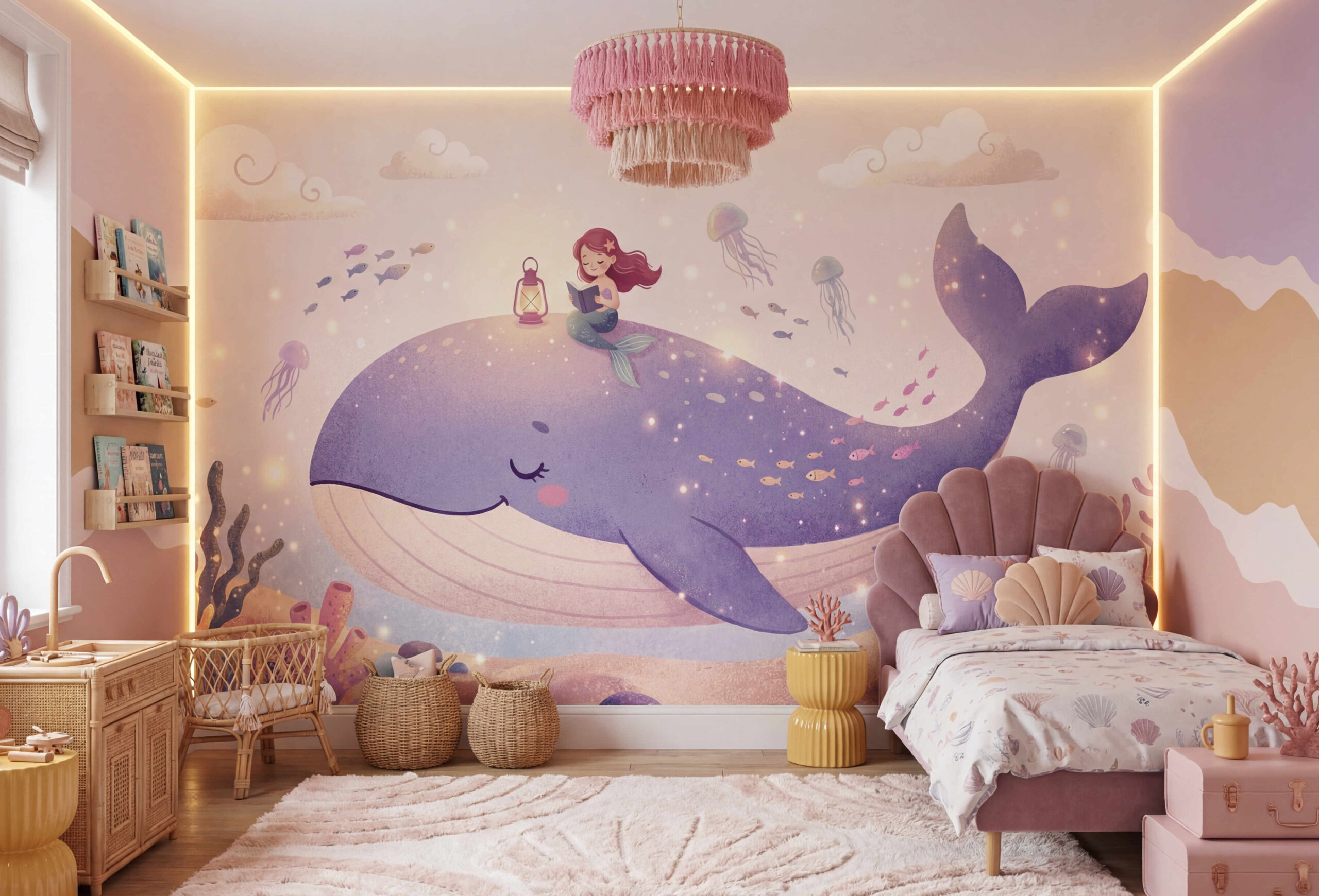Musee | Ocean Tales Wall Mural Children's wall mural by Musee featuring a large blue whale with a mermaid sitting on its back reading a book by lantern light, surrounded by jellyfish and coral in a soft underwater scene.
