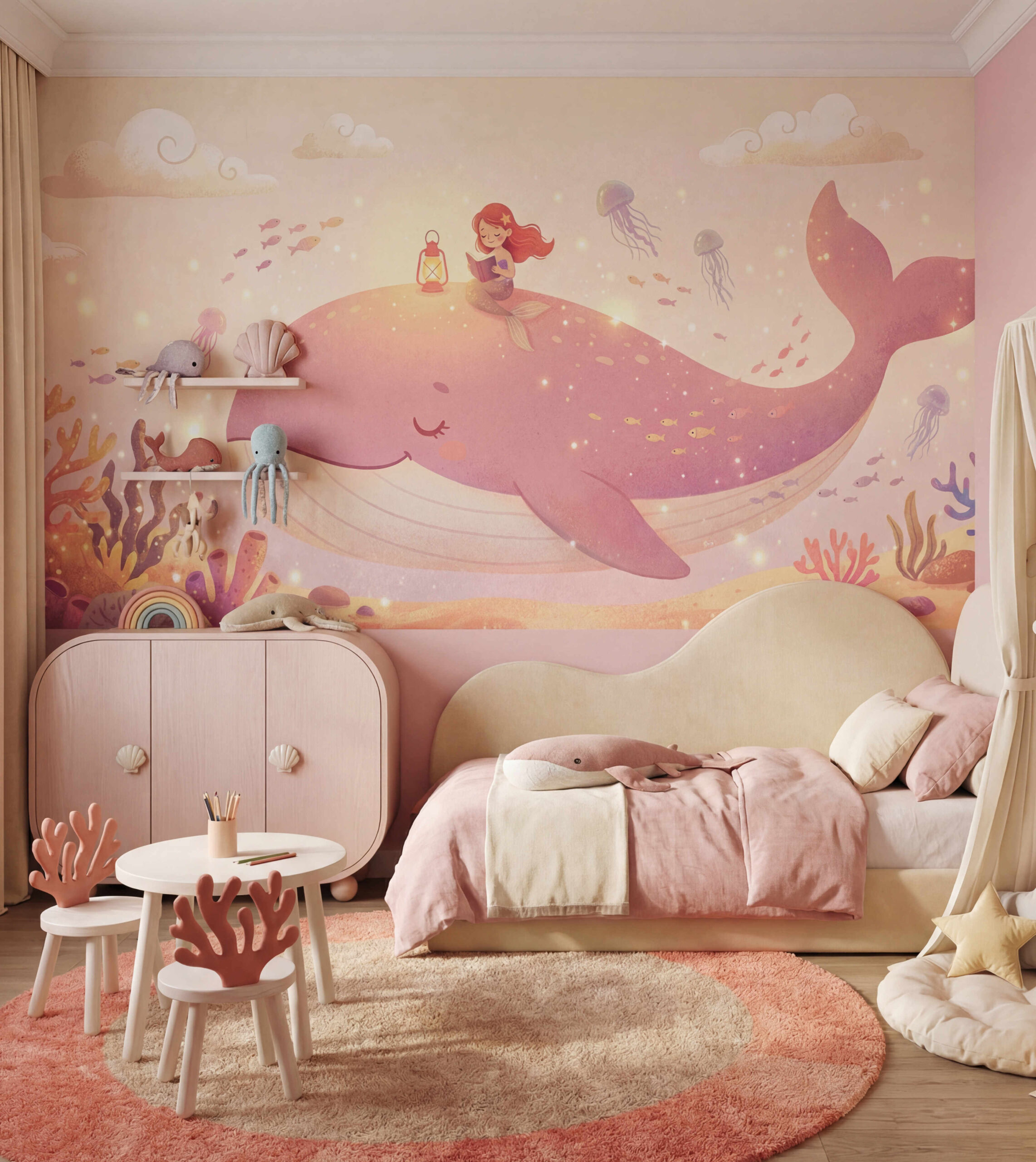 Musee | Ocean Tales Wall Mural Children's wall mural by Musee featuring a large blue whale with a mermaid sitting on its back reading a book by lantern light, surrounded by jellyfish and coral in a soft underwater scene.