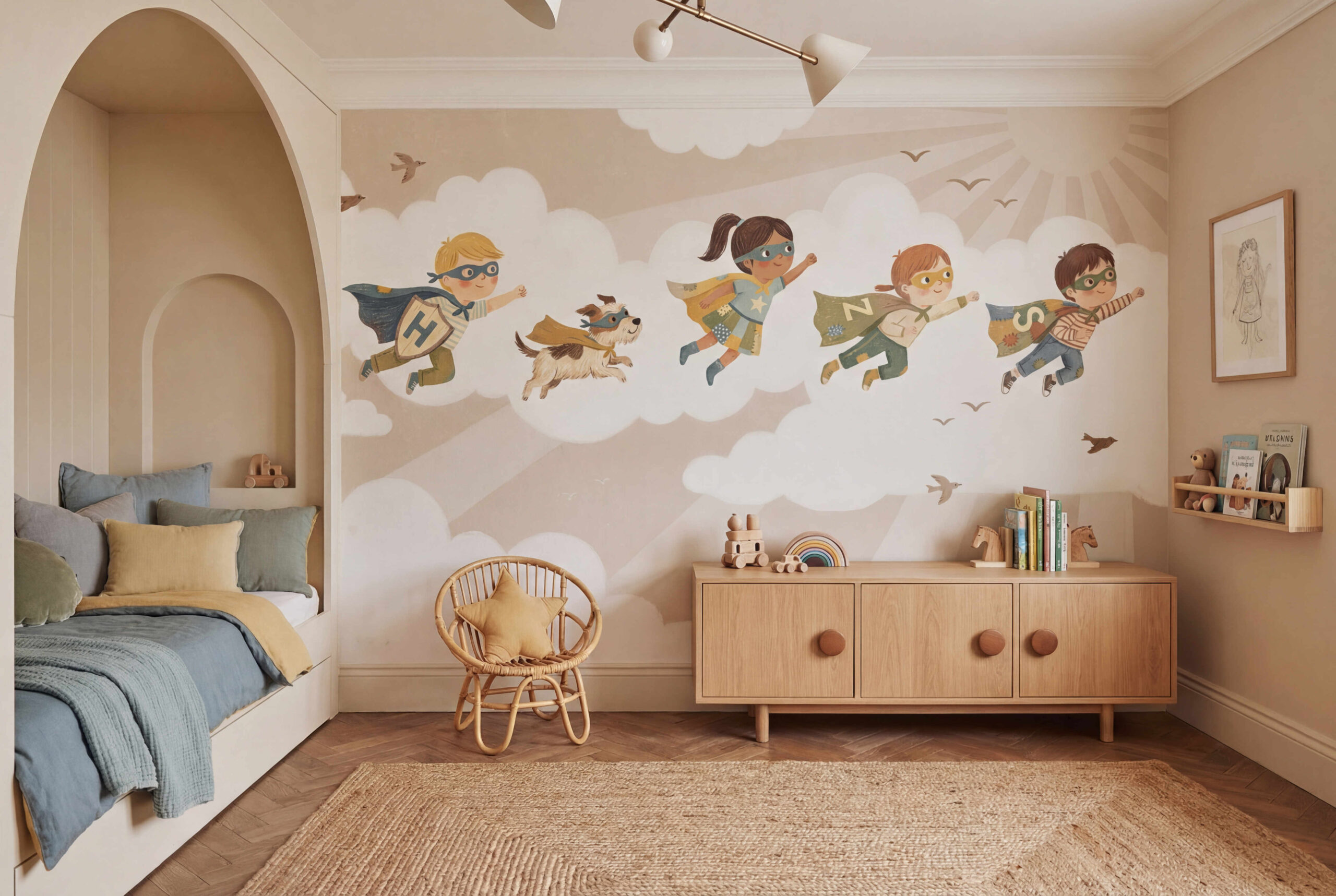 Musee | Skyward Heroes Wall Mural Children's wall mural by Musee featuring a hand-drawn illustration of diverse kids and a dog wearing superhero capes and masks, flying through clouds towards the sun.