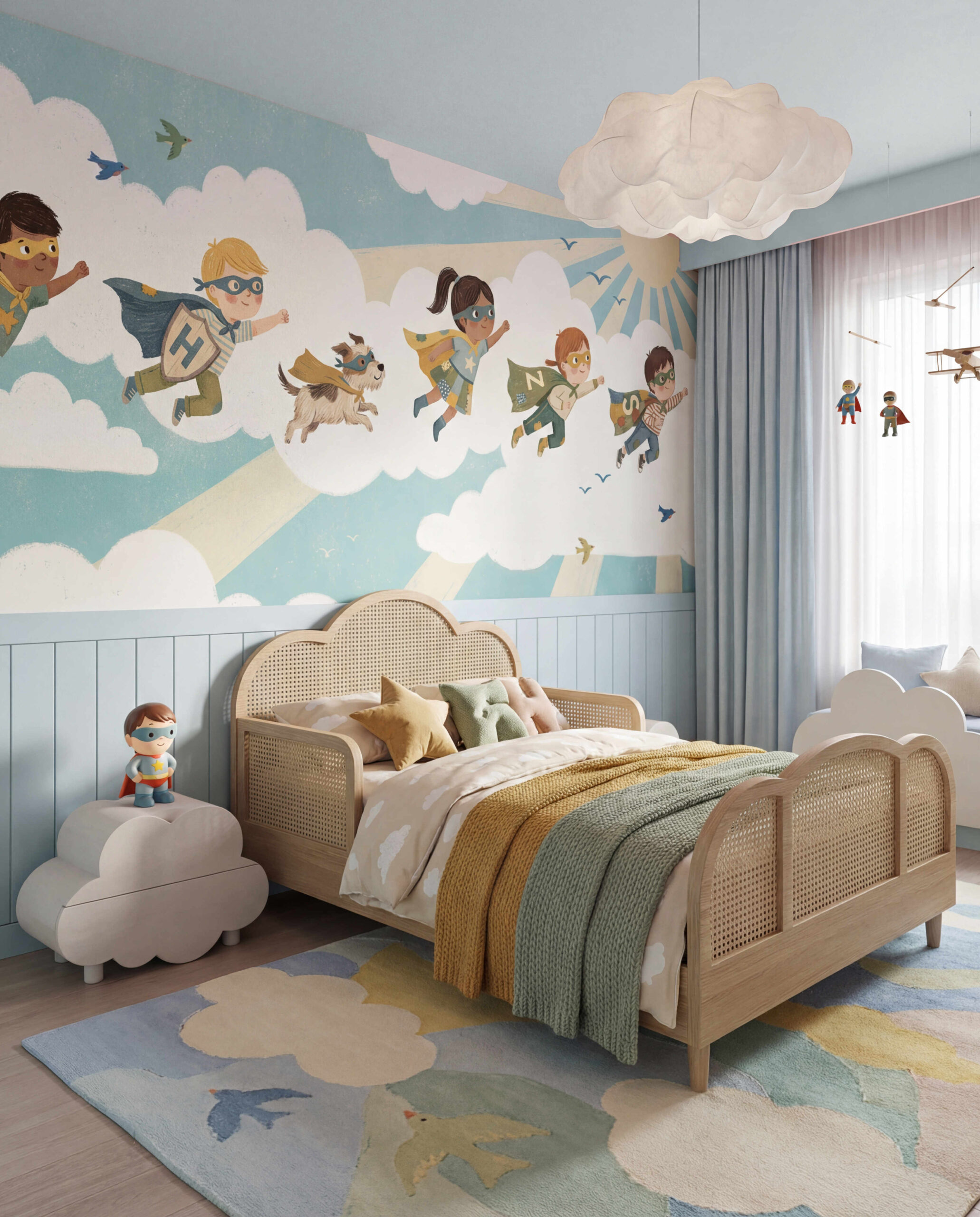 Musee | Skyward Heroes Wall Mural Children's wall mural by Musee featuring a hand-drawn illustration of diverse kids and a dog wearing superhero capes and masks, flying through clouds towards the sun.