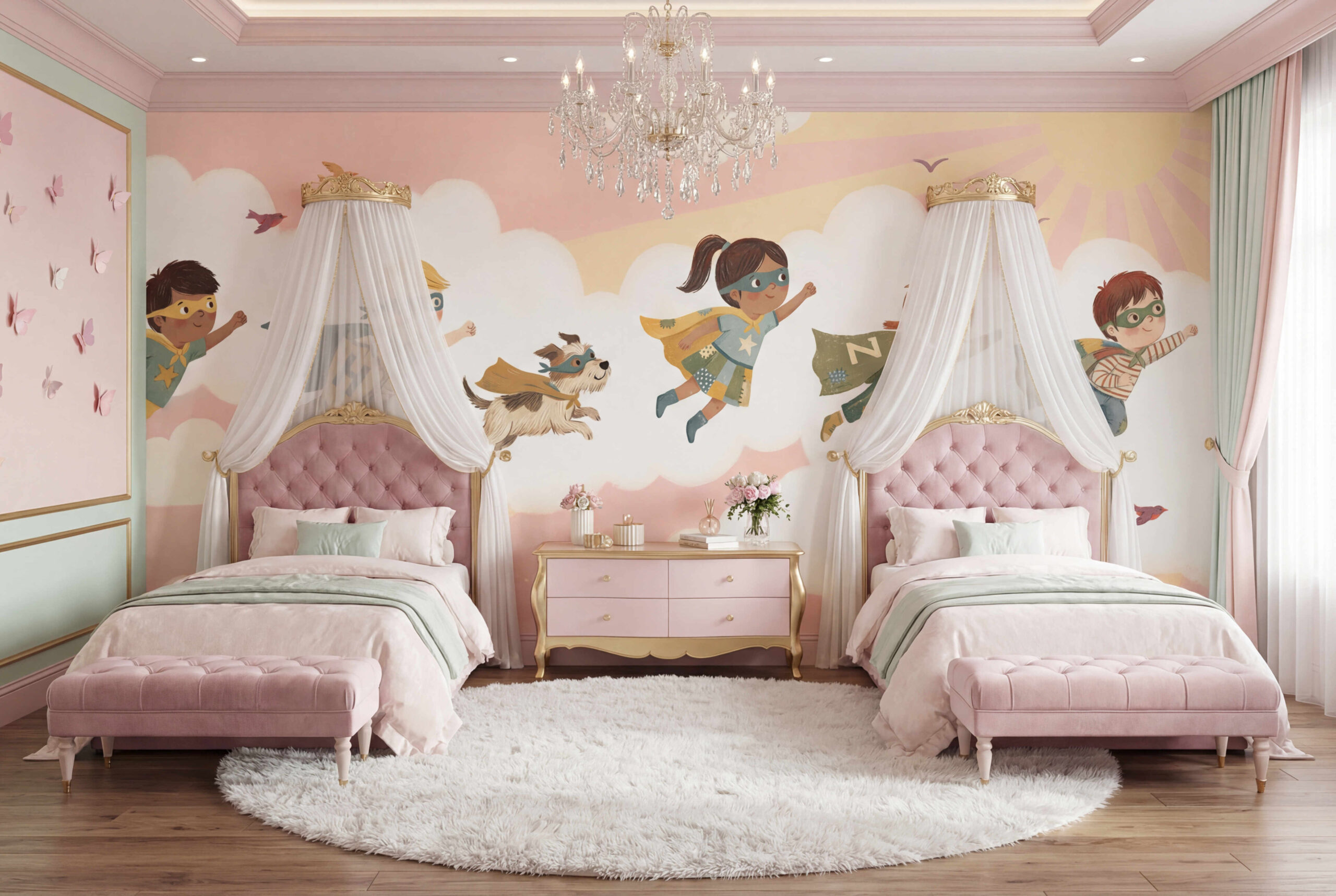 Musee | Skyward Heroes Wall Mural Children's wall mural by Musee featuring a hand-drawn illustration of diverse kids and a dog wearing superhero capes and masks, flying through clouds towards the sun.