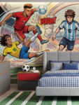 Children's wall mural by Musee titled Pitch Legends, featuring comic-book style football players in action, tackling and shooting the ball with sound effects and motion lines.