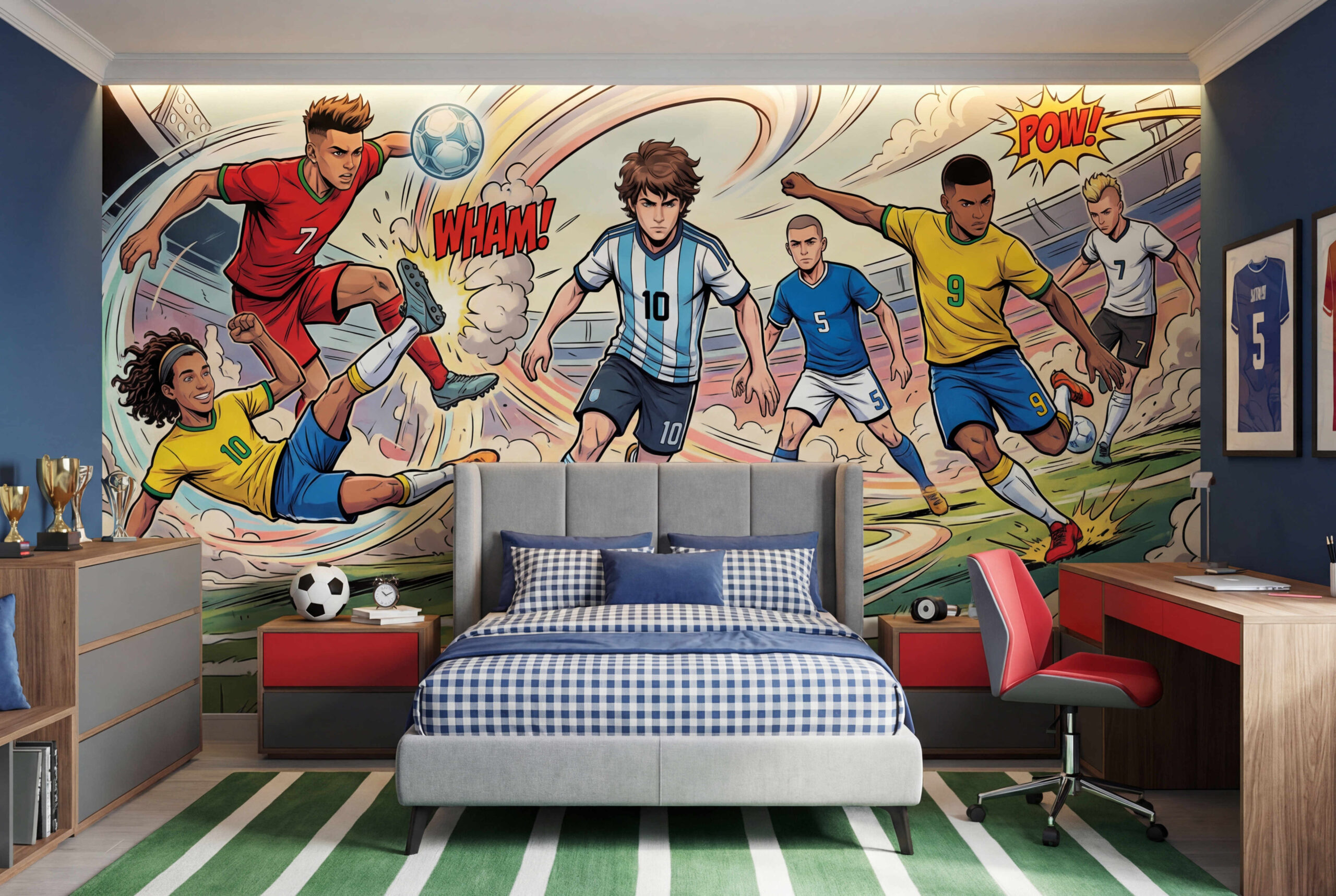 Musee | Pitch Legends Wall Mural Children's wall mural by Musee titled Pitch Legends, featuring comic-book style football players in action, tackling and shooting the ball with sound effects and motion lines.