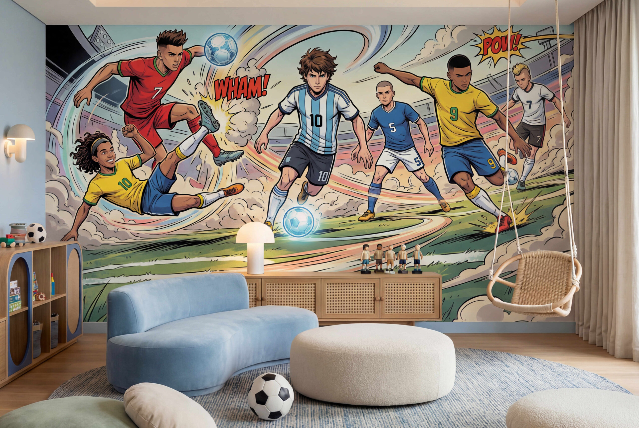 Musee | Pitch Legends Wall Mural Children's wall mural by Musee titled Pitch Legends, featuring comic-book style football players in action, tackling and shooting the ball with sound effects and motion lines.