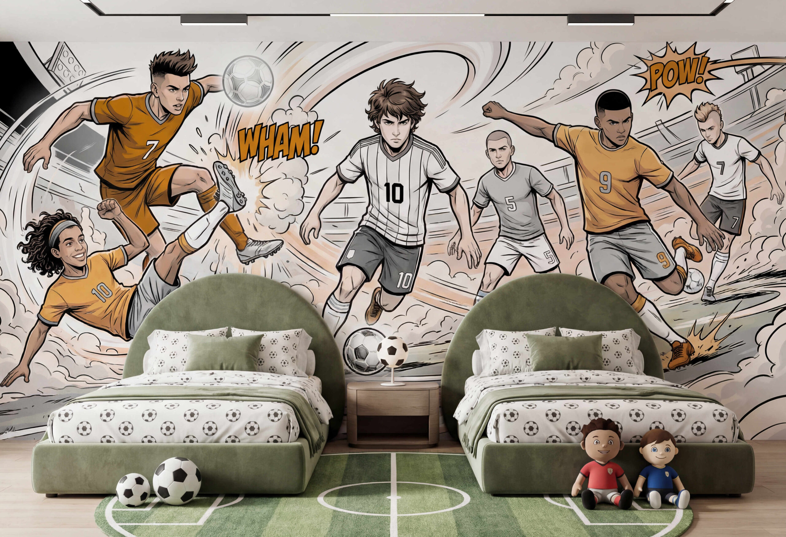 Musee | Pitch Legends Wall Mural Children's wall mural by Musee titled Pitch Legends, featuring comic-book style football players in action, tackling and shooting the ball with sound effects and motion lines.