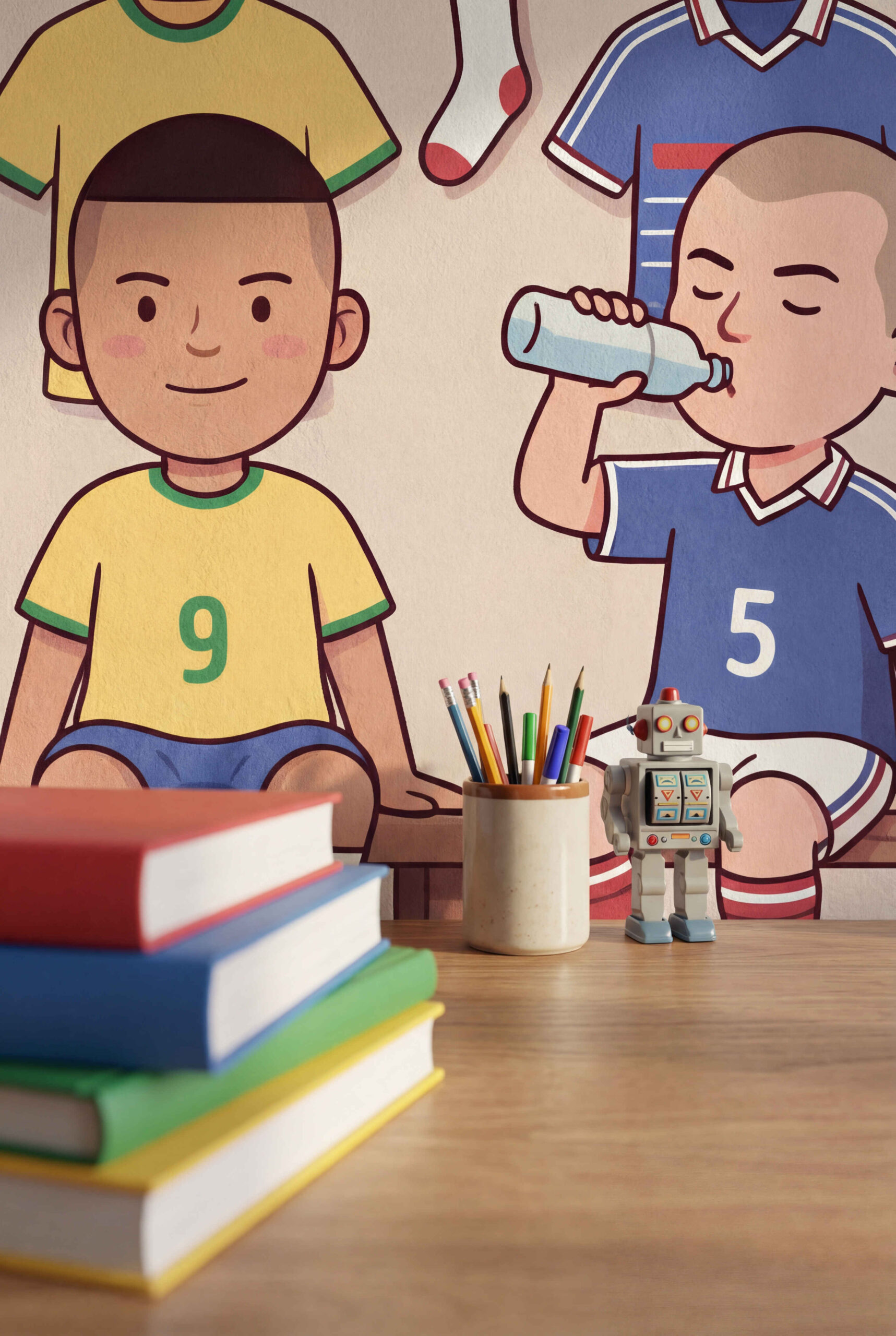 Musee | The Dream Team Wall Mural Cute children's wallpaper by Musee titled The Dream Team, showing a group of happy cartoon kids sitting on a bench in a locker room, putting on football shoes and smiling.