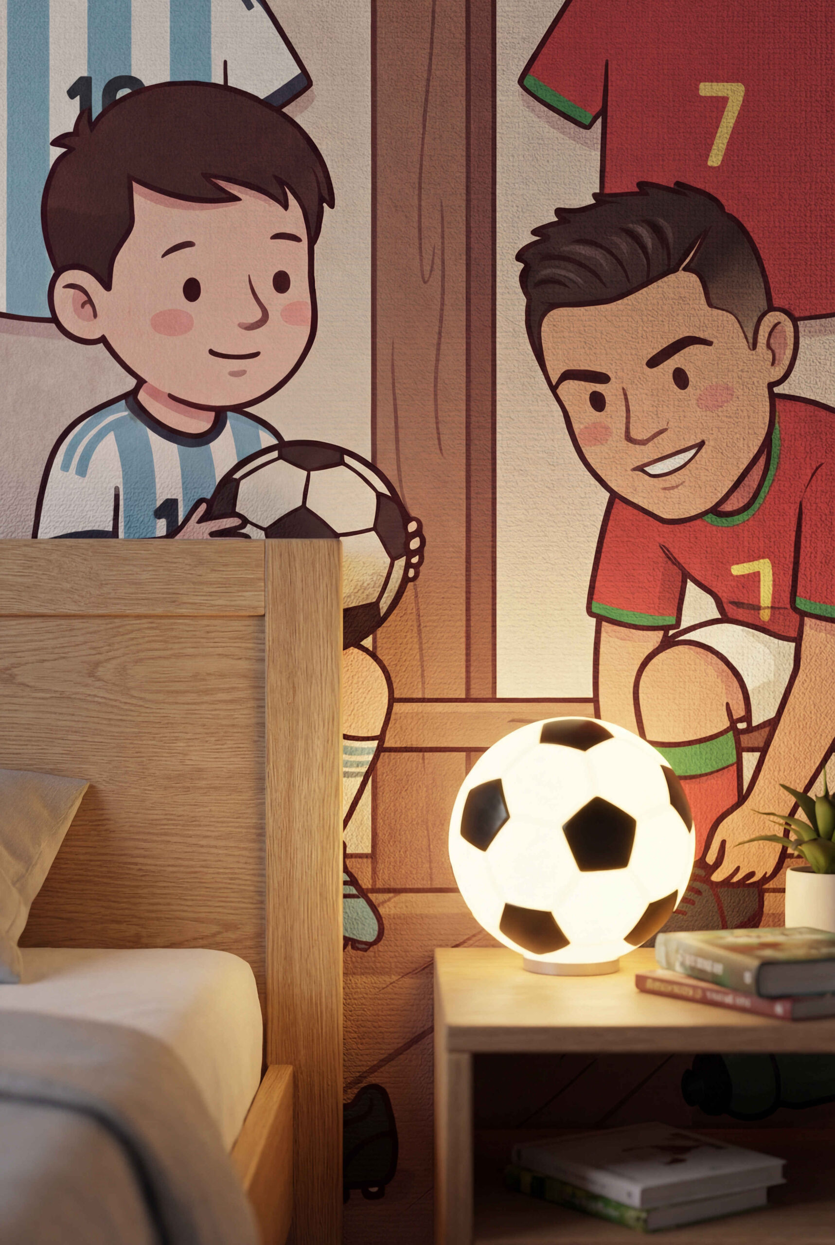 Musee | The Dream Team Wall Mural Cute children's wallpaper by Musee titled The Dream Team, showing a group of happy cartoon kids sitting on a bench in a locker room, putting on football shoes and smiling.