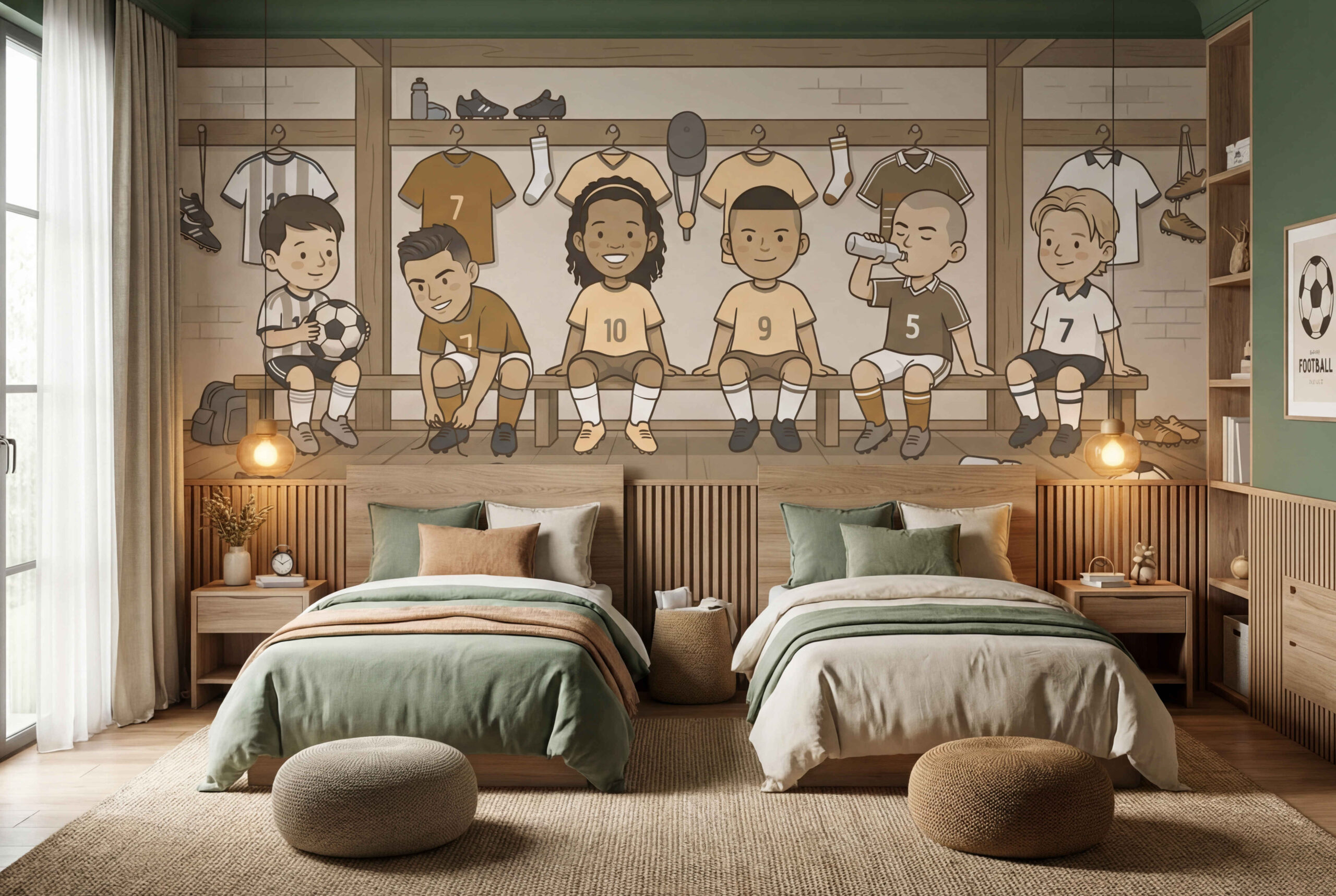 Musee | The Dream Team Wall Mural Cute children's wallpaper by Musee titled The Dream Team, showing a group of happy cartoon kids sitting on a bench in a locker room, putting on football shoes and smiling.