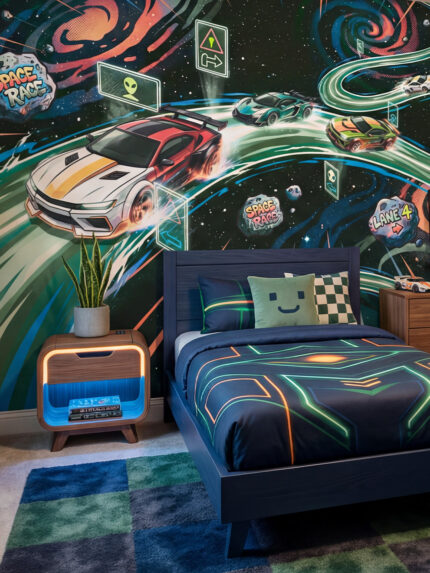 Children's wall mural by Musee featuring sports cars and monster trucks racing on a glowing neon track winding through outer space, surrounded by asteroids and planets.