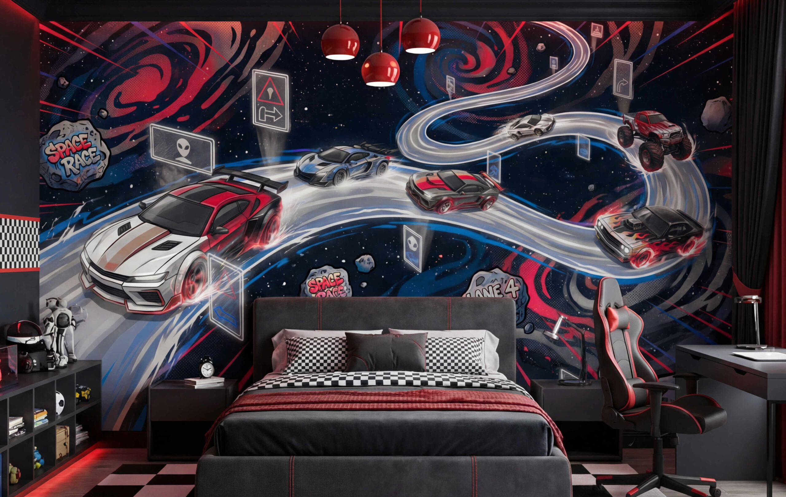 Musee | Galactic Speedway Wall Mural Children's wall mural by Musee featuring sports cars and monster trucks racing on a glowing neon track winding through outer space, surrounded by asteroids and planets.