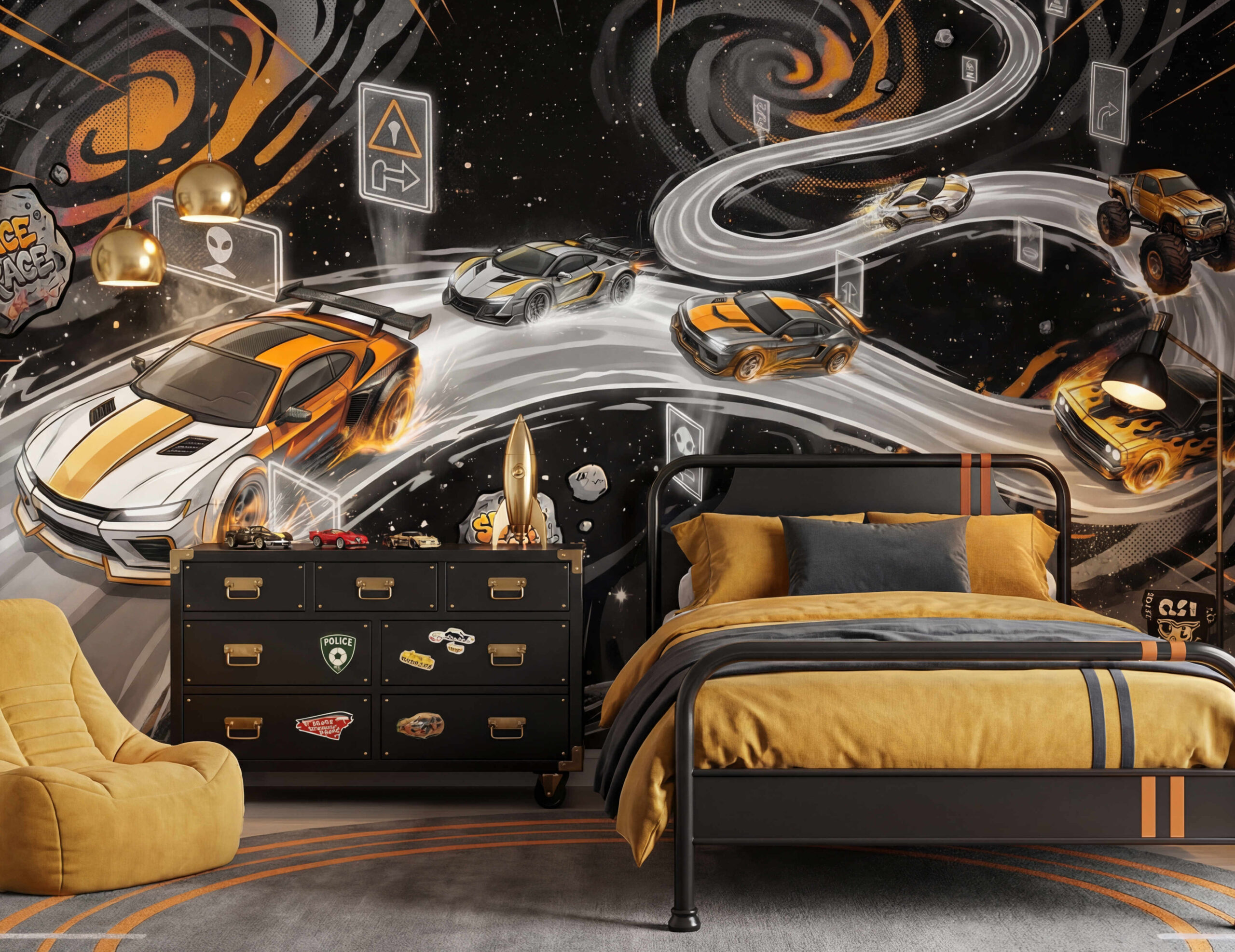 Musee | Galactic Speedway Wall Mural Children's wall mural by Musee featuring sports cars and monster trucks racing on a glowing neon track winding through outer space, surrounded by asteroids and planets.