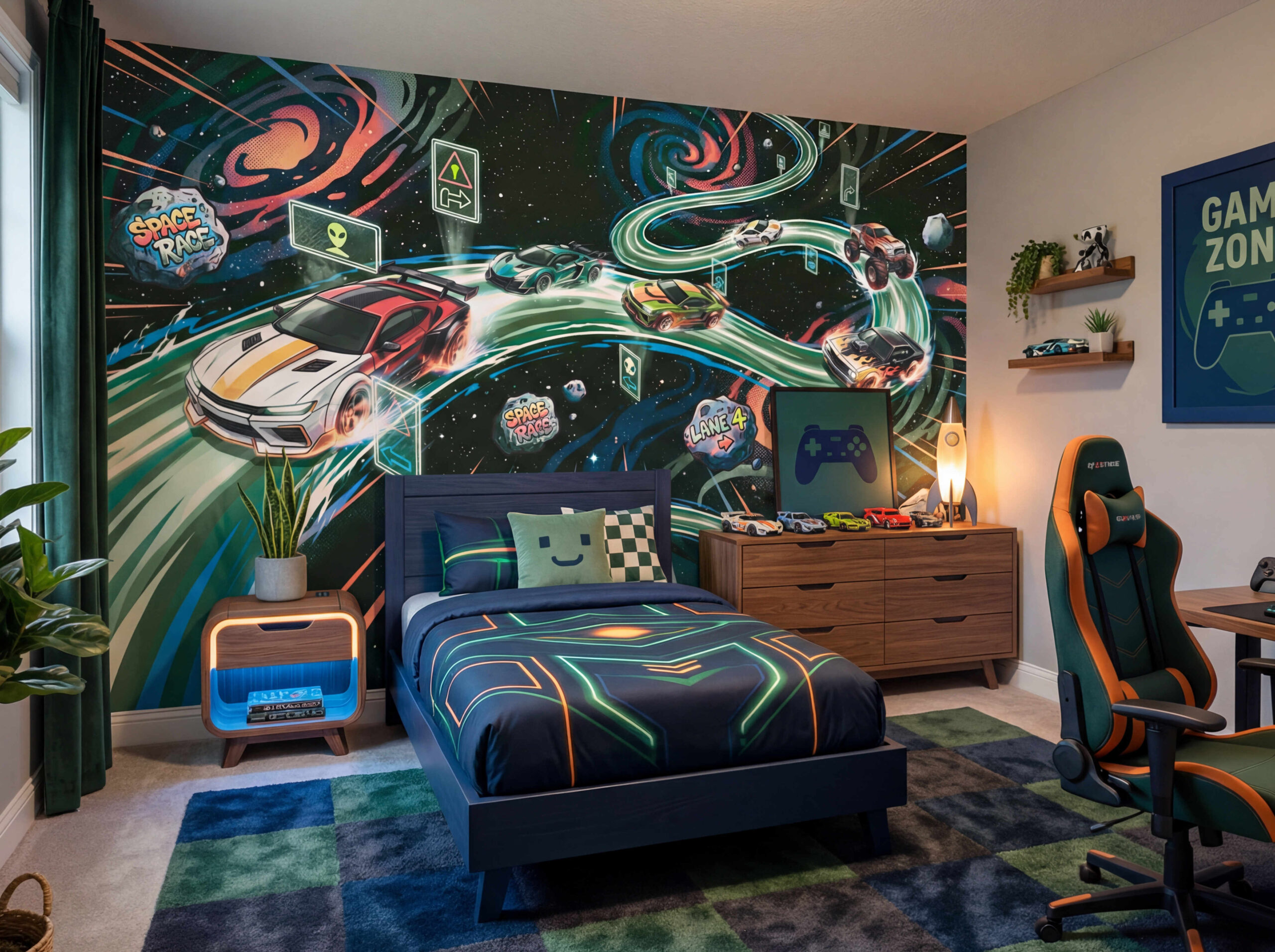 Musee | Galactic Speedway Wall Mural Children's wall mural by Musee featuring sports cars and monster trucks racing on a glowing neon track winding through outer space, surrounded by asteroids and planets.