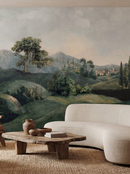 Classical landscape wall mural depicting rolling hills, layered trees, and distant countryside scenery, inspired by pastoral painting traditions – Musee