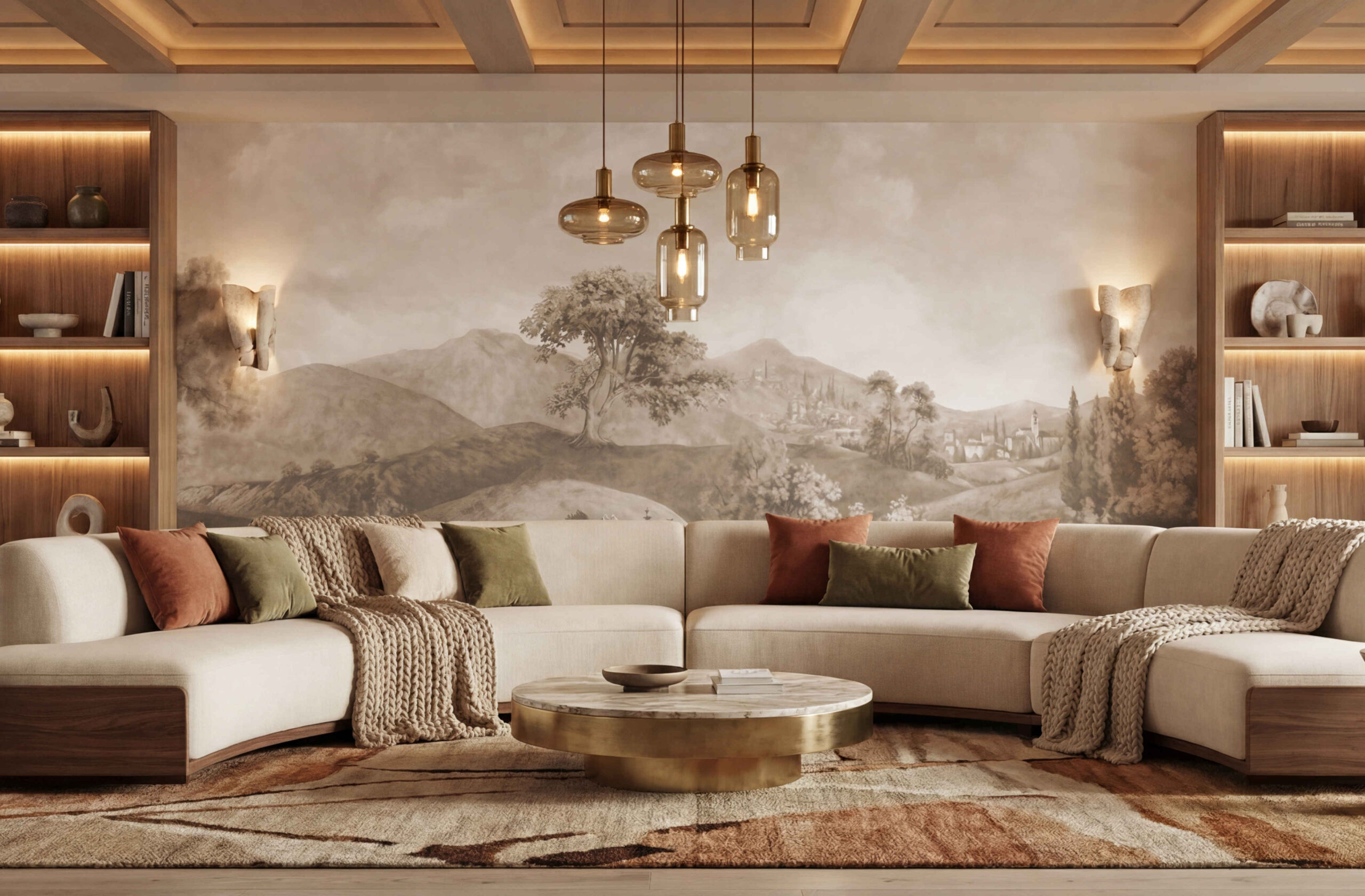 Musee | Hills Beyond Silence Wall Mural Classical landscape wall mural depicting rolling hills, layered trees, and distant countryside scenery, inspired by pastoral painting traditions – Musee
