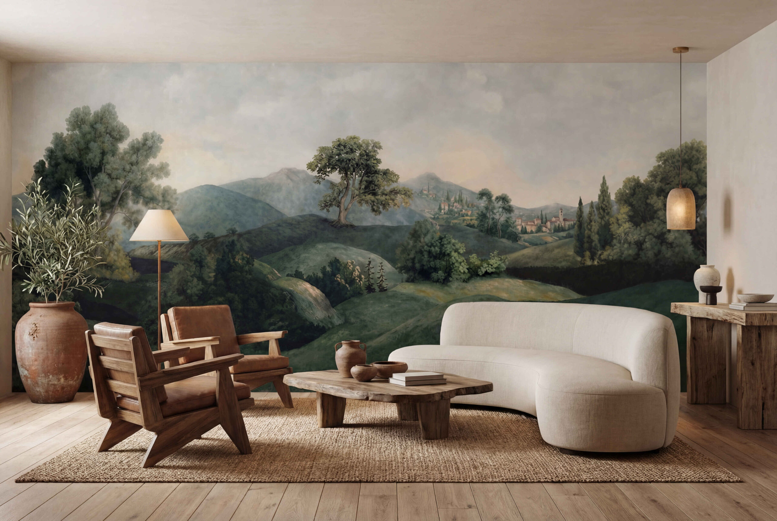 Musee | Hills Beyond Silence Wall Mural Classical landscape wall mural depicting rolling hills, layered trees, and distant countryside scenery, inspired by pastoral painting traditions – Musee