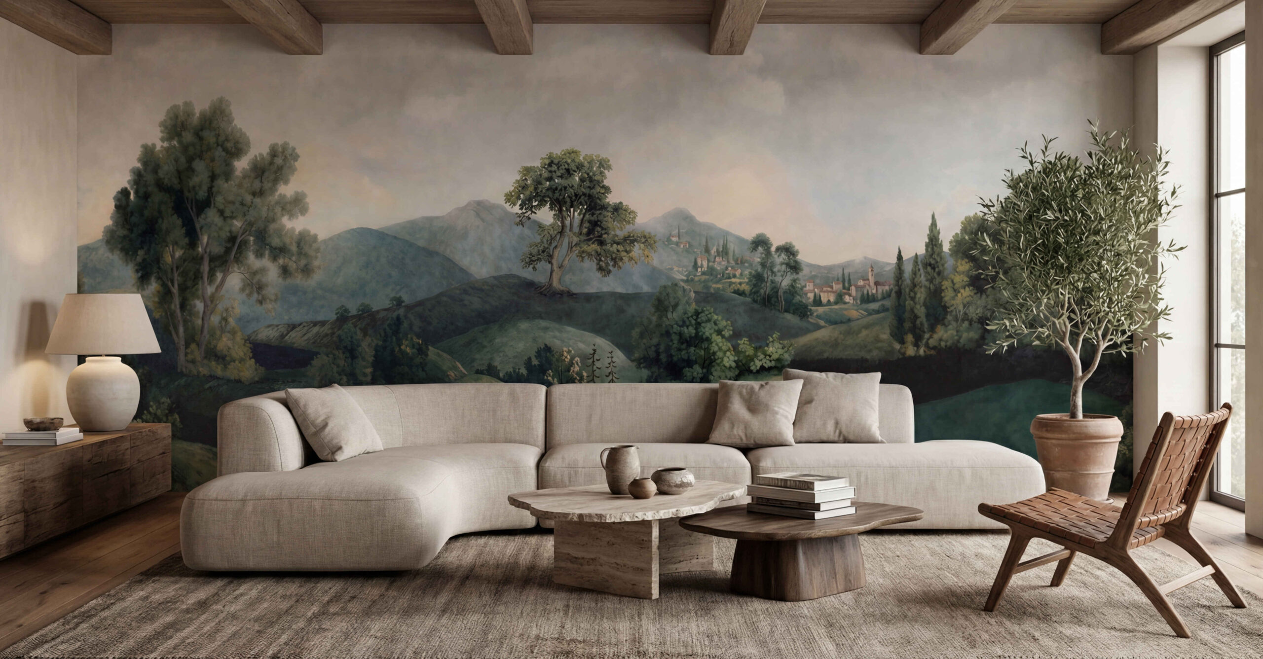Musee | Hills Beyond Silence Wall Mural Classical landscape wall mural depicting rolling hills, layered trees, and distant countryside scenery, inspired by pastoral painting traditions – Musee