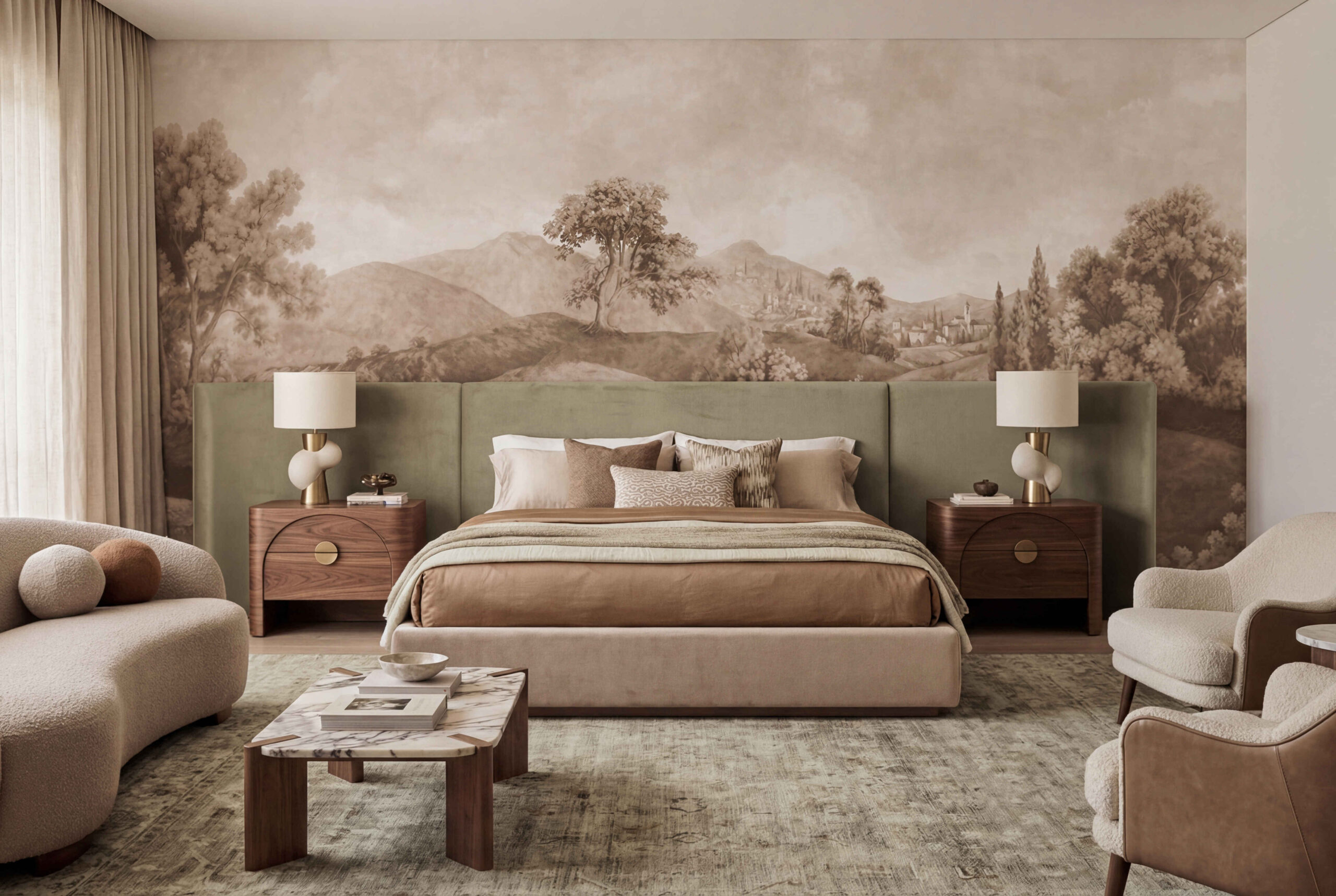 Musee | Hills Beyond Silence Wall Mural Classical landscape wall mural depicting rolling hills, layered trees, and distant countryside scenery, inspired by pastoral painting traditions – Musee