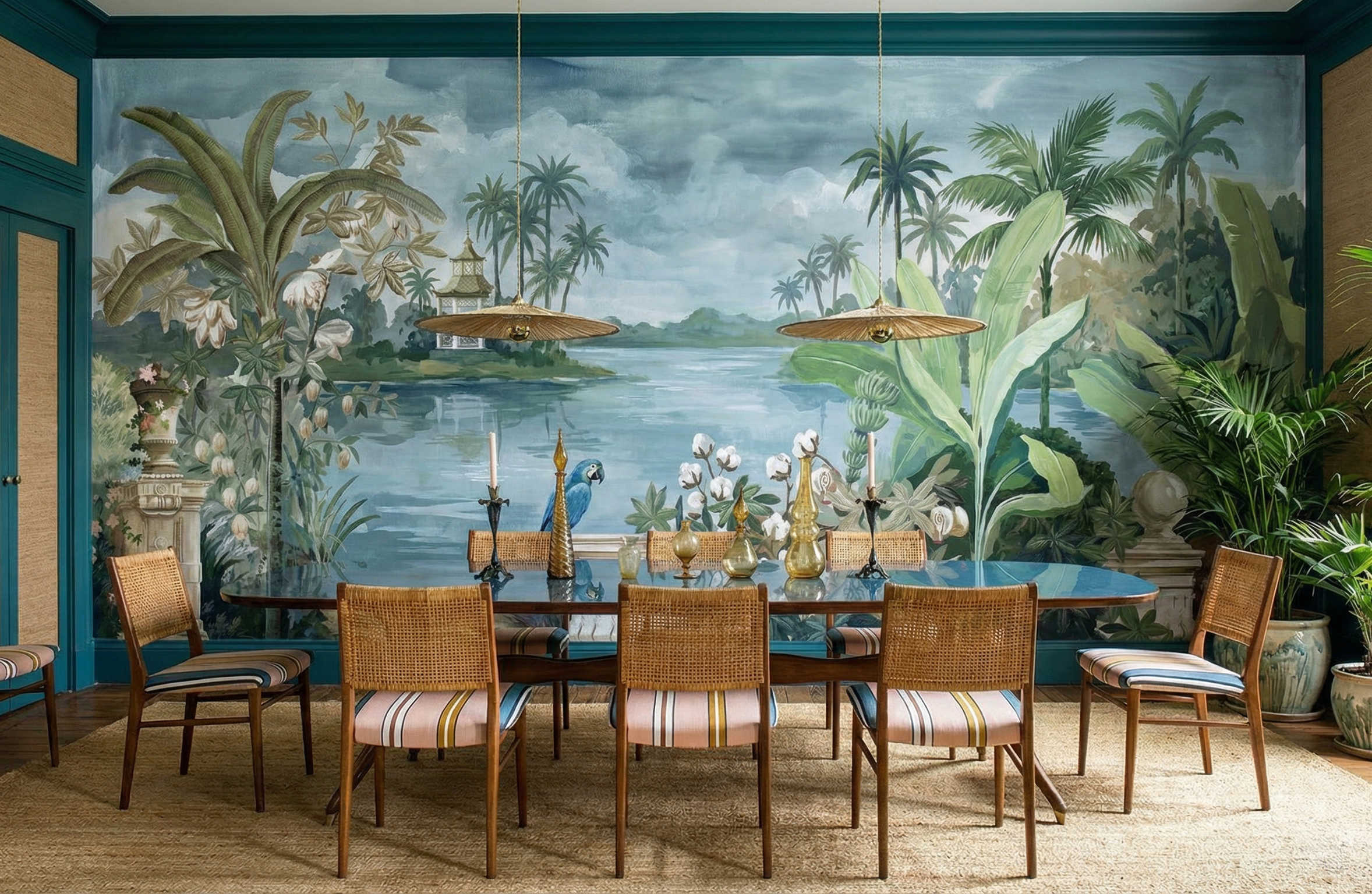 Musee | Tropical Terrace Wall Mural Scenic tropical wall mural by Musee featuring a blue macaw, stone balustrade, lush palm trees, and a distant gazebo on a lake, luxury wallpaper Dubai.
