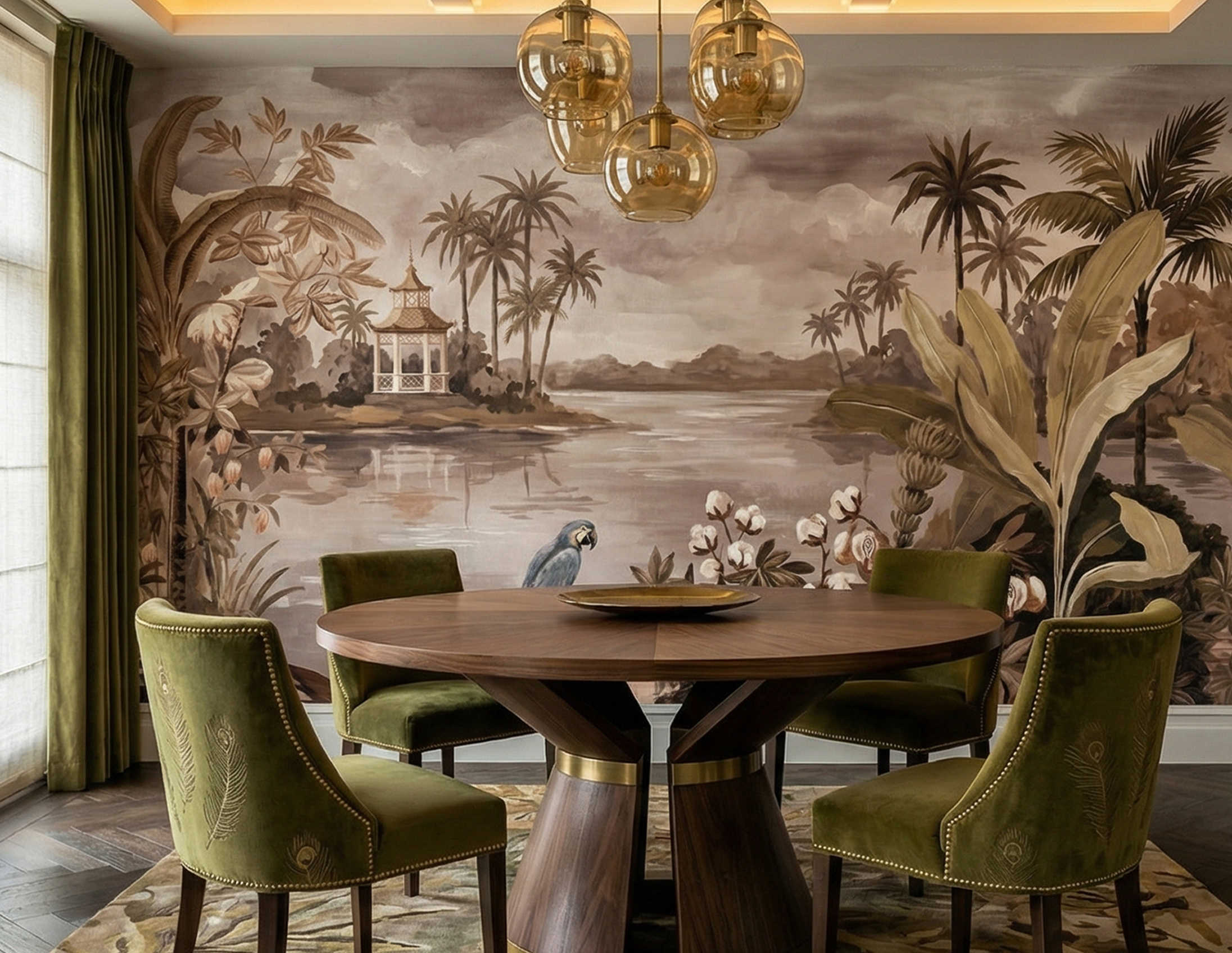 Musee | Tropical Terrace Wall Mural Scenic tropical wall mural by Musee featuring a blue macaw, stone balustrade, lush palm trees, and a distant gazebo on a lake, luxury wallpaper Dubai.