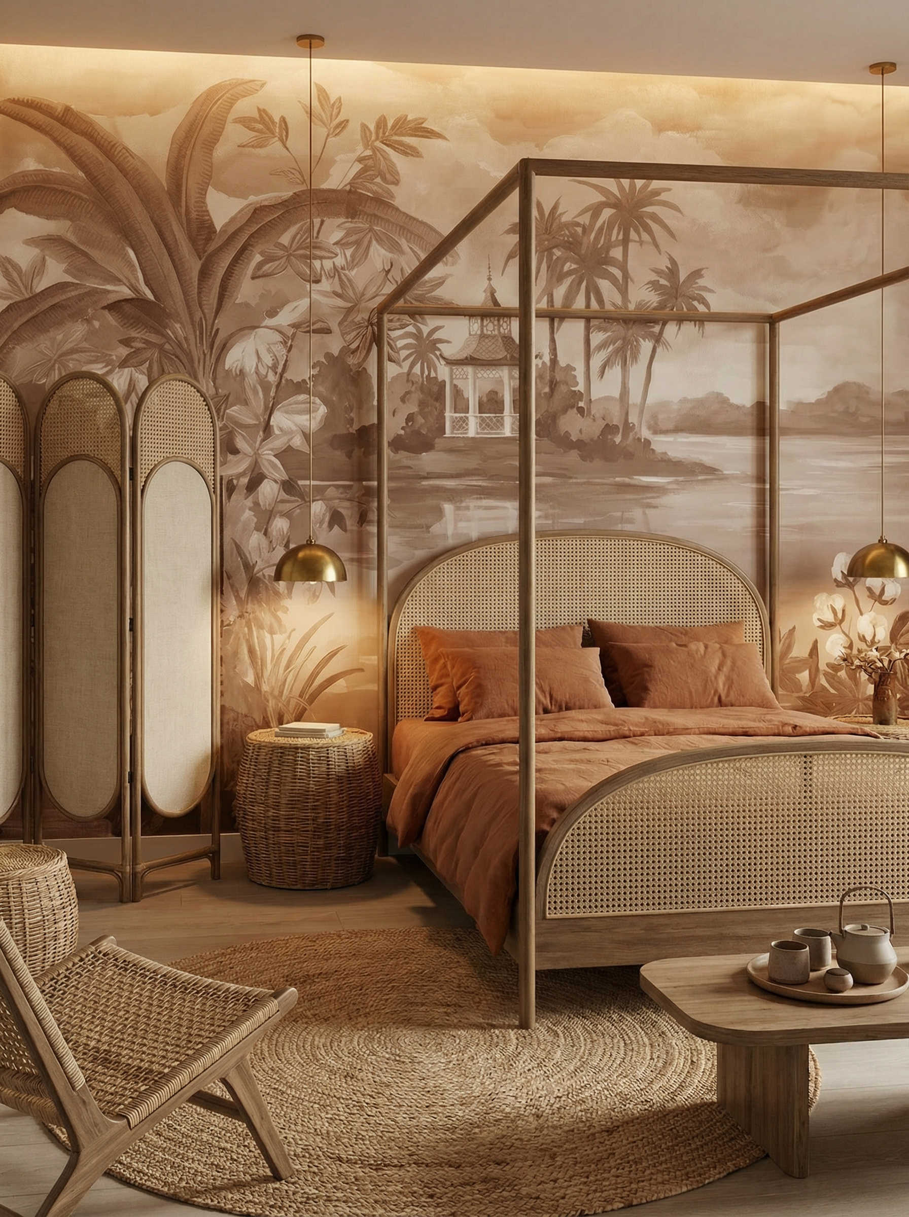 Musee | Tropical Terrace Wall Mural Scenic tropical wall mural by Musee featuring a blue macaw, stone balustrade, lush palm trees, and a distant gazebo on a lake, luxury wallpaper Dubai.