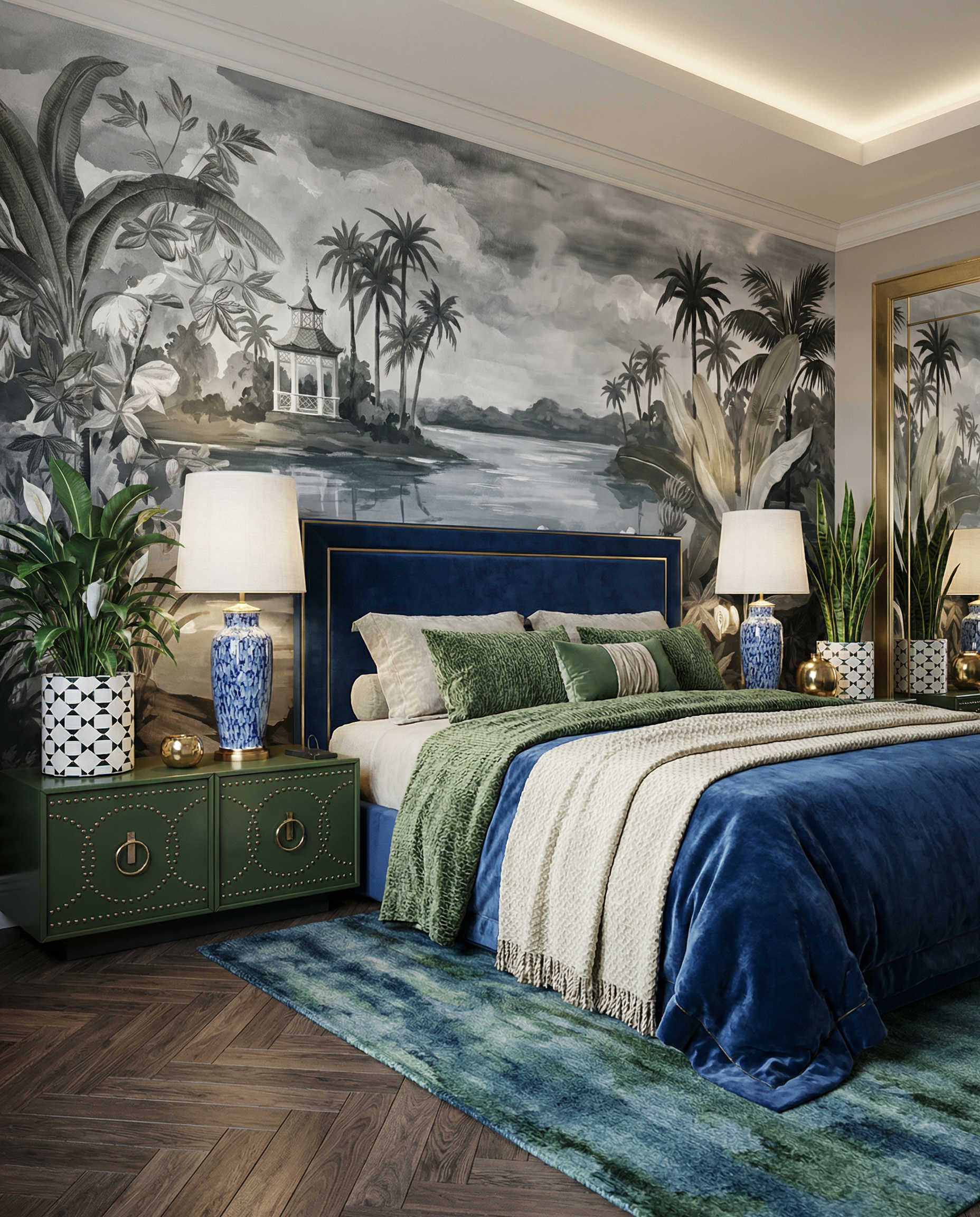 Musee | Tropical Terrace Wall Mural Scenic tropical wall mural by Musee featuring a blue macaw, stone balustrade, lush palm trees, and a distant gazebo on a lake, luxury wallpaper Dubai.