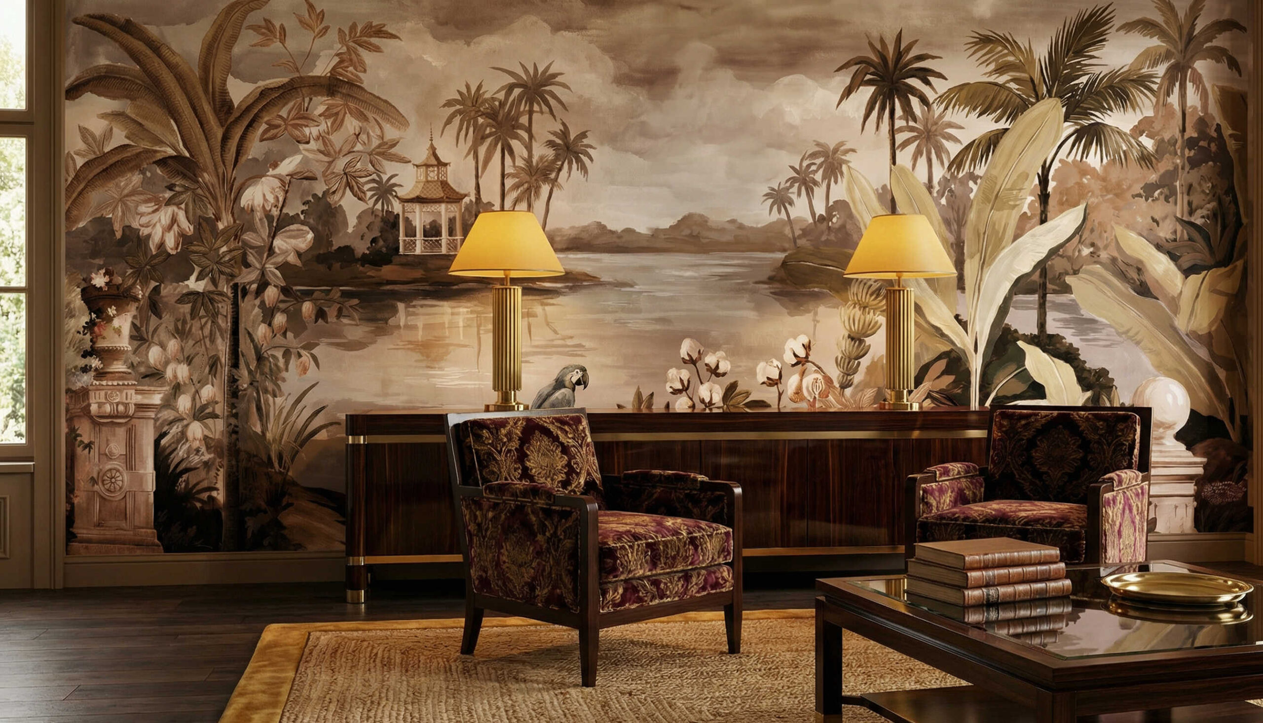 Musee | Tropical Terrace Wall Mural Scenic tropical wall mural by Musee featuring a blue macaw, stone balustrade, lush palm trees, and a distant gazebo on a lake, luxury wallpaper Dubai.