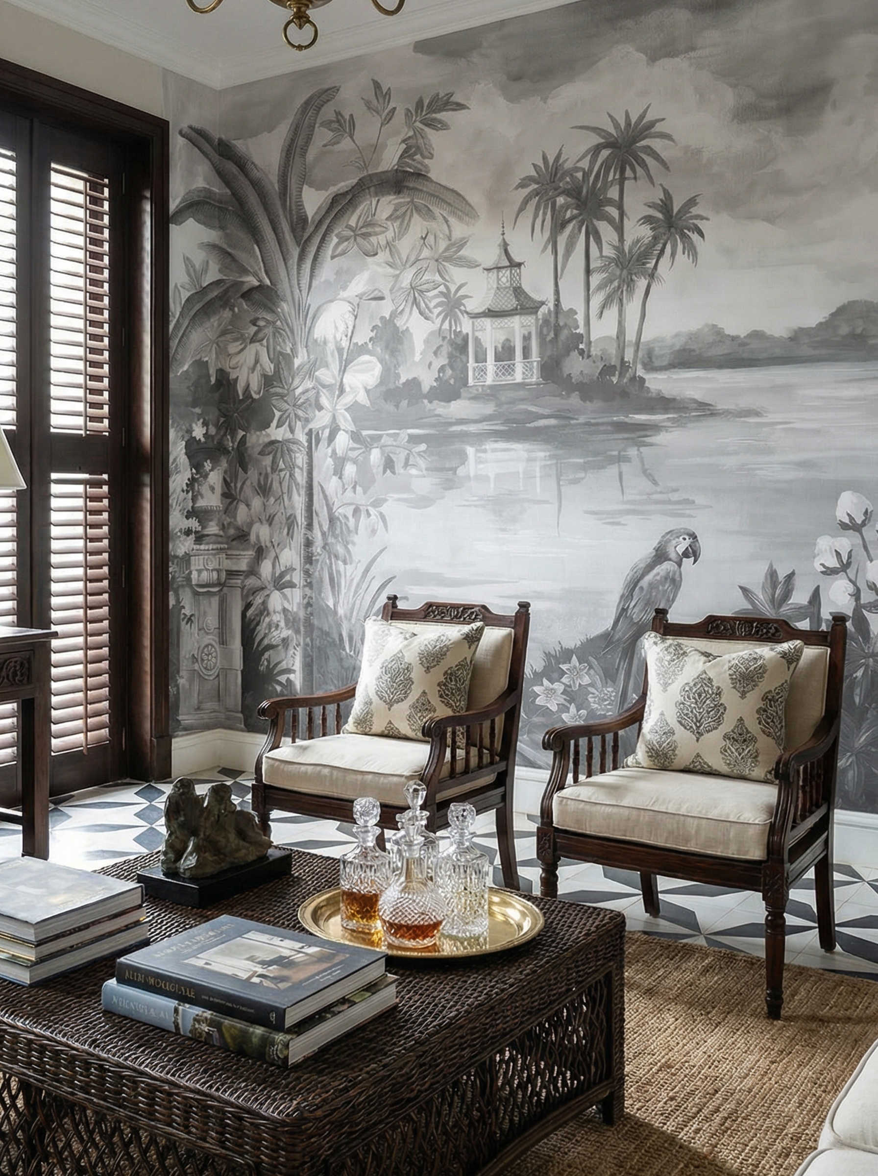 Musee | Tropical Terrace Wall Mural Scenic tropical wall mural by Musee featuring a blue macaw, stone balustrade, lush palm trees, and a distant gazebo on a lake, luxury wallpaper Dubai.