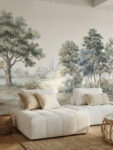 Vintage style panoramic landscape wall mural by Musee, featuring large oak trees and pastoral fields in a sepia-toned etching style, luxury wallpaper Dubai.