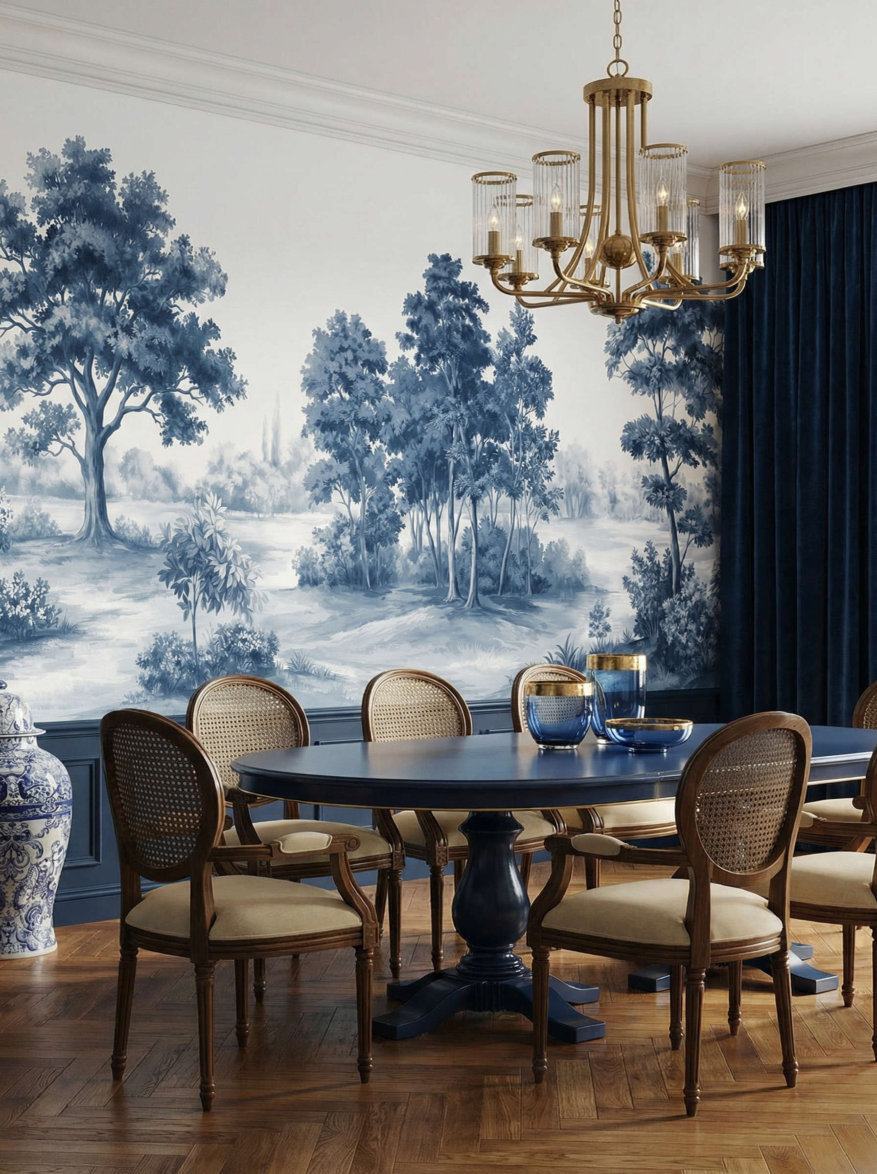 Musee | Vintage Grove Wall Mural Vintage style panoramic landscape wall mural by Musee, featuring large oak trees and pastoral fields in a sepia-toned etching style, luxury wallpaper Dubai.