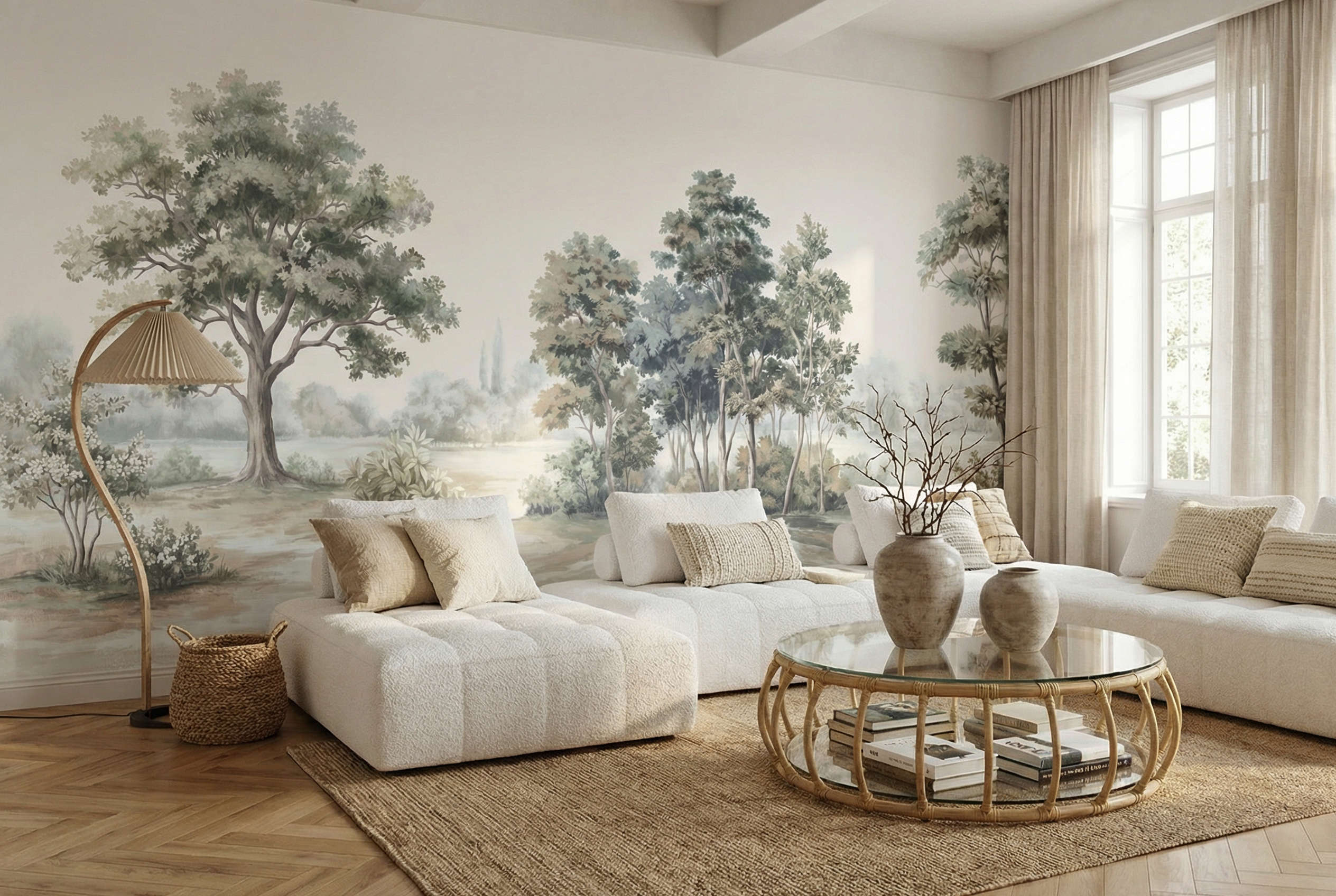 Musee | Vintage Grove Wall Mural Vintage style panoramic landscape wall mural by Musee, featuring large oak trees and pastoral fields in a sepia-toned etching style, luxury wallpaper Dubai.