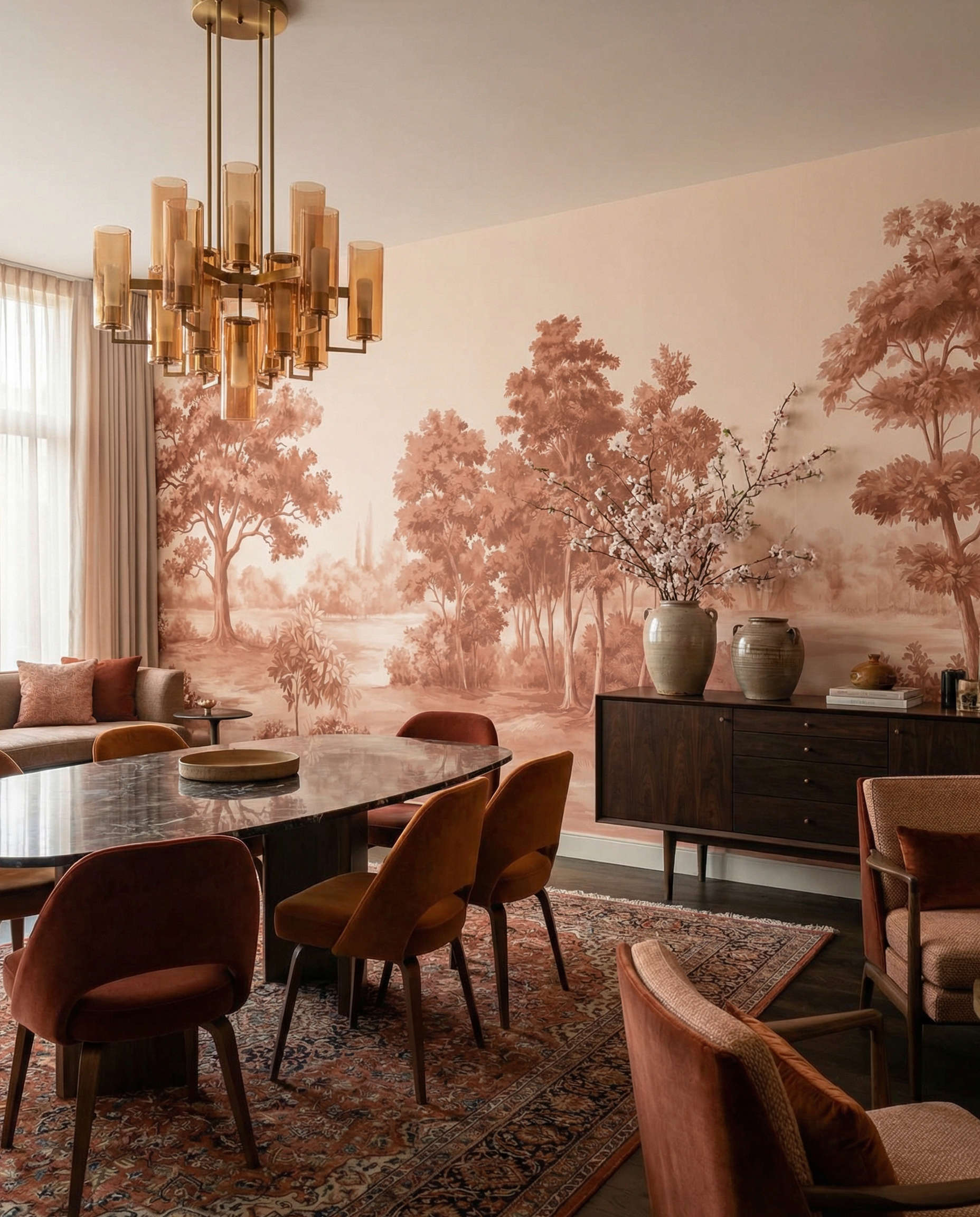 Musee | Vintage Grove Wall Mural Vintage style panoramic landscape wall mural by Musee, featuring large oak trees and pastoral fields in a sepia-toned etching style, luxury wallpaper Dubai.