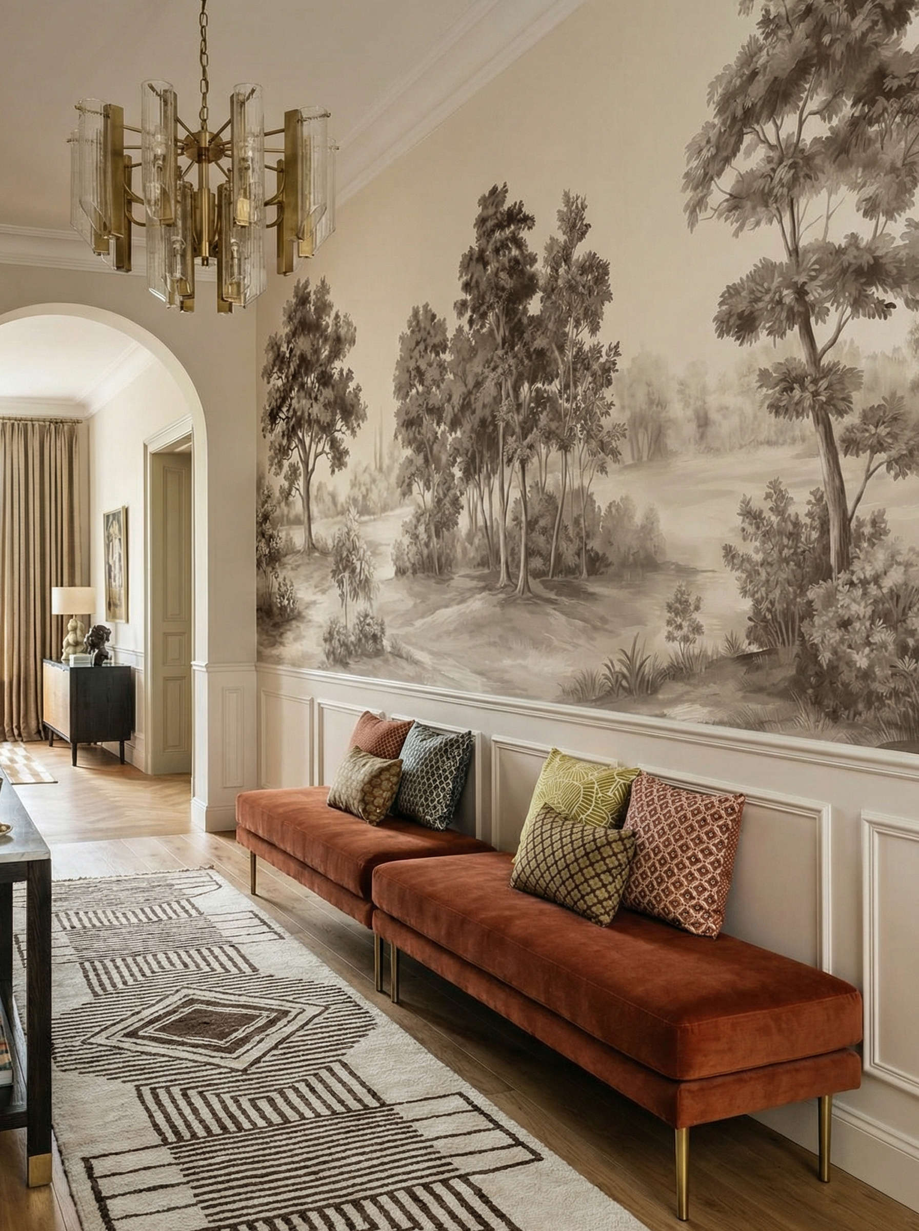 Musee | Vintage Grove Wall Mural Vintage style panoramic landscape wall mural by Musee, featuring large oak trees and pastoral fields in a sepia-toned etching style, luxury wallpaper Dubai.