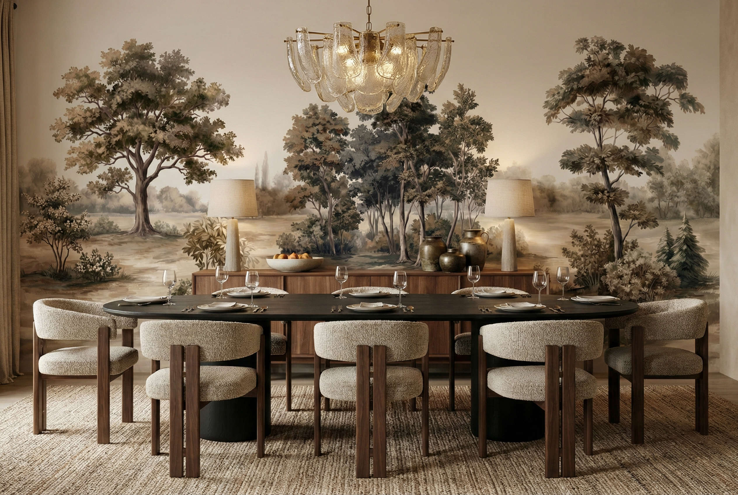 Musee | Vintage Grove Wall Mural Vintage style panoramic landscape wall mural by Musee, featuring large oak trees and pastoral fields in a sepia-toned etching style, luxury wallpaper Dubai.