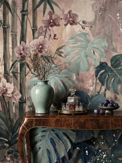 Musee custom wall mural highlighting elegant purple orchids blooming amidst artistic Monstera leaves and tropical ferns with a textured background.