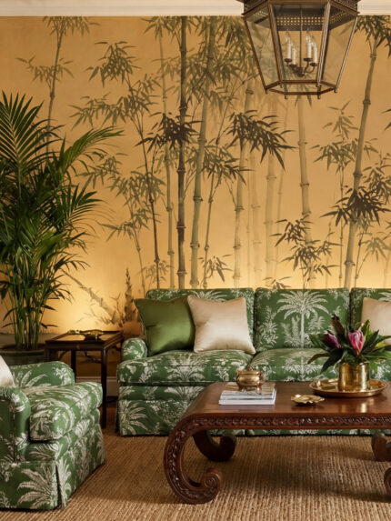 Musee custom wall mural featuring a traditional ink wash painting of a bamboo forest with detailed leaves and stalks in a serene Chinoiserie style.