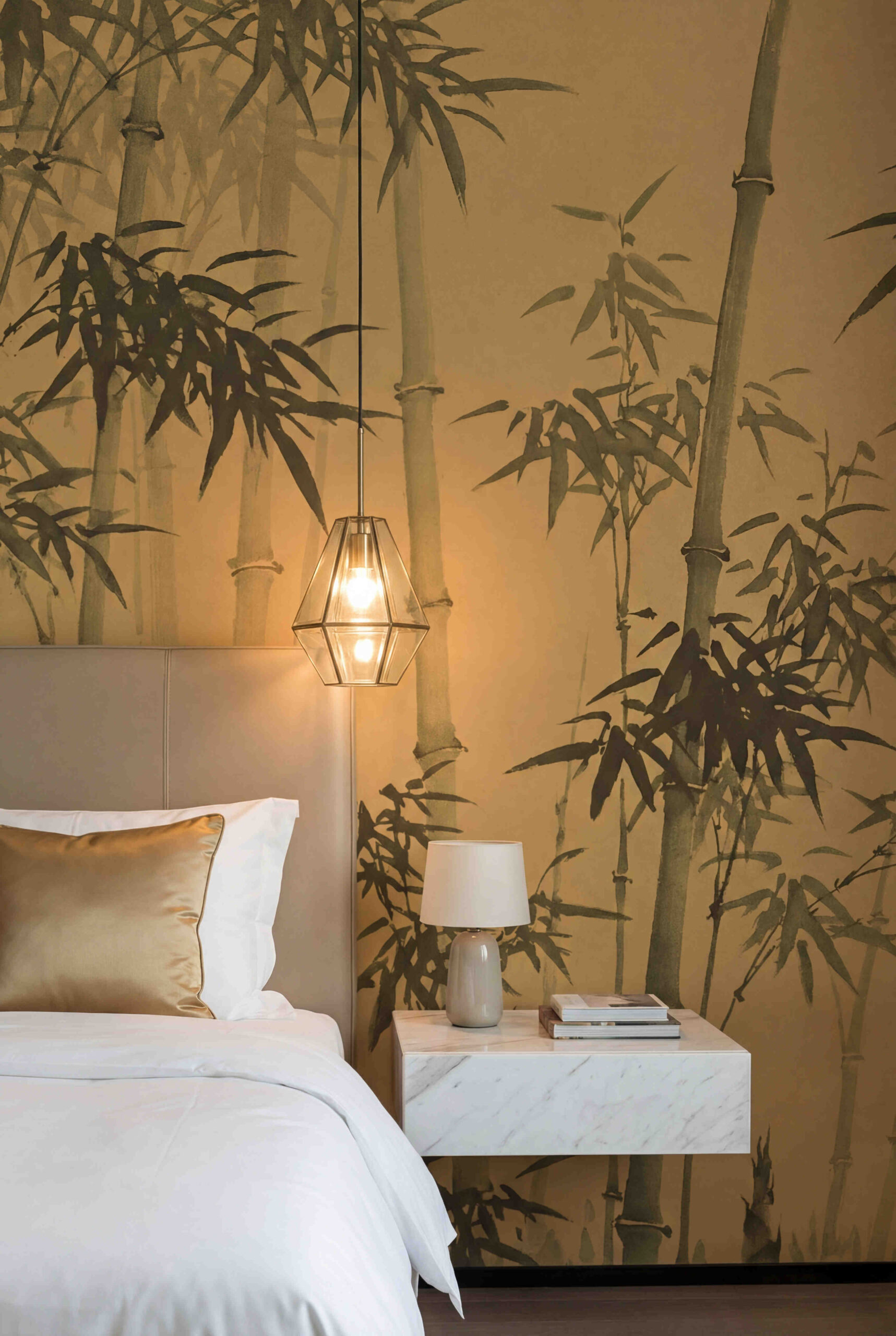 Musee | Bamboo Rhythms Wall Mural Musee custom wall mural featuring a traditional ink wash painting of a bamboo forest with detailed leaves and stalks in a serene Chinoiserie style.
