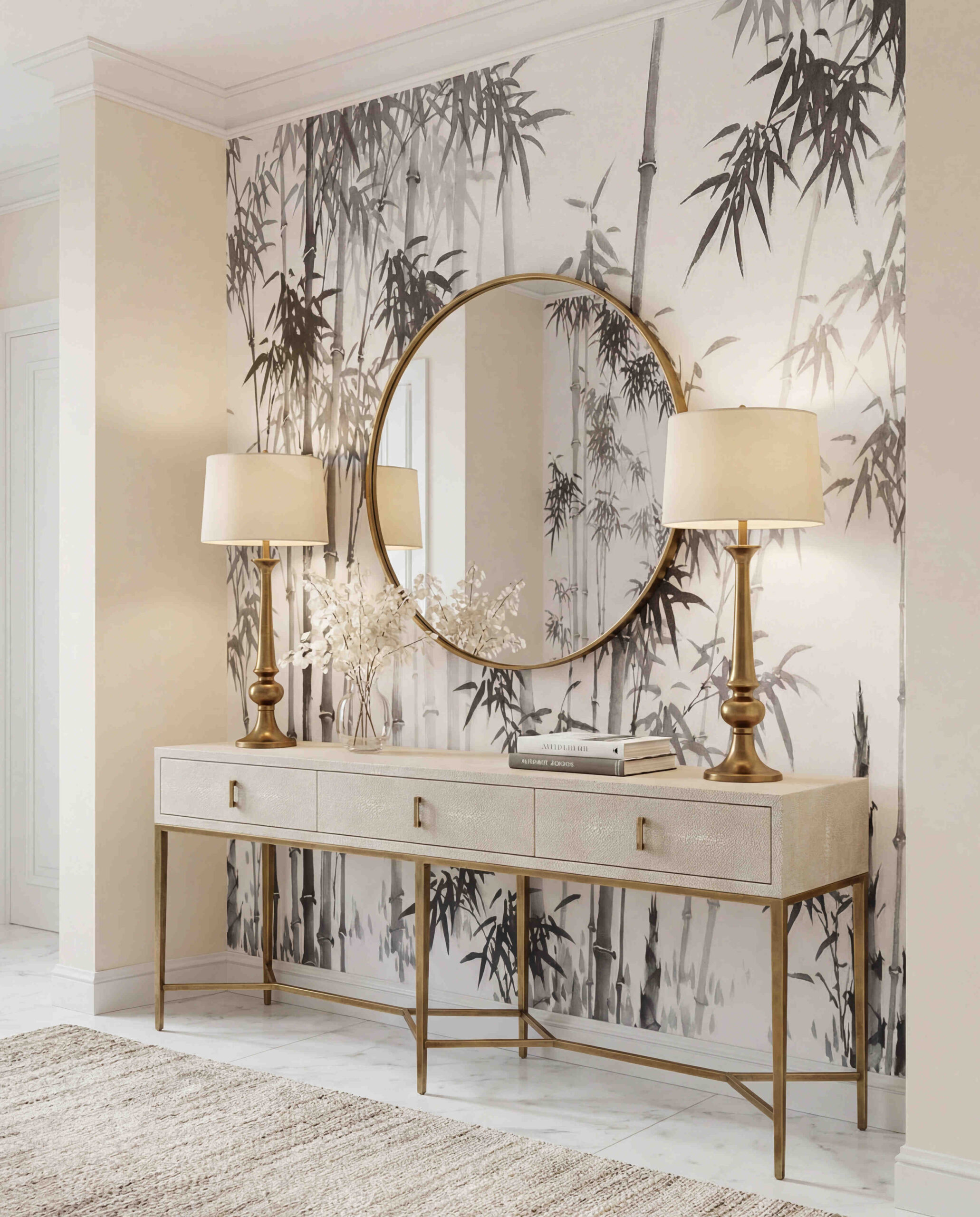 Musee | Bamboo Rhythms Wall Mural Musee custom wall mural featuring a traditional ink wash painting of a bamboo forest with detailed leaves and stalks in a serene Chinoiserie style.