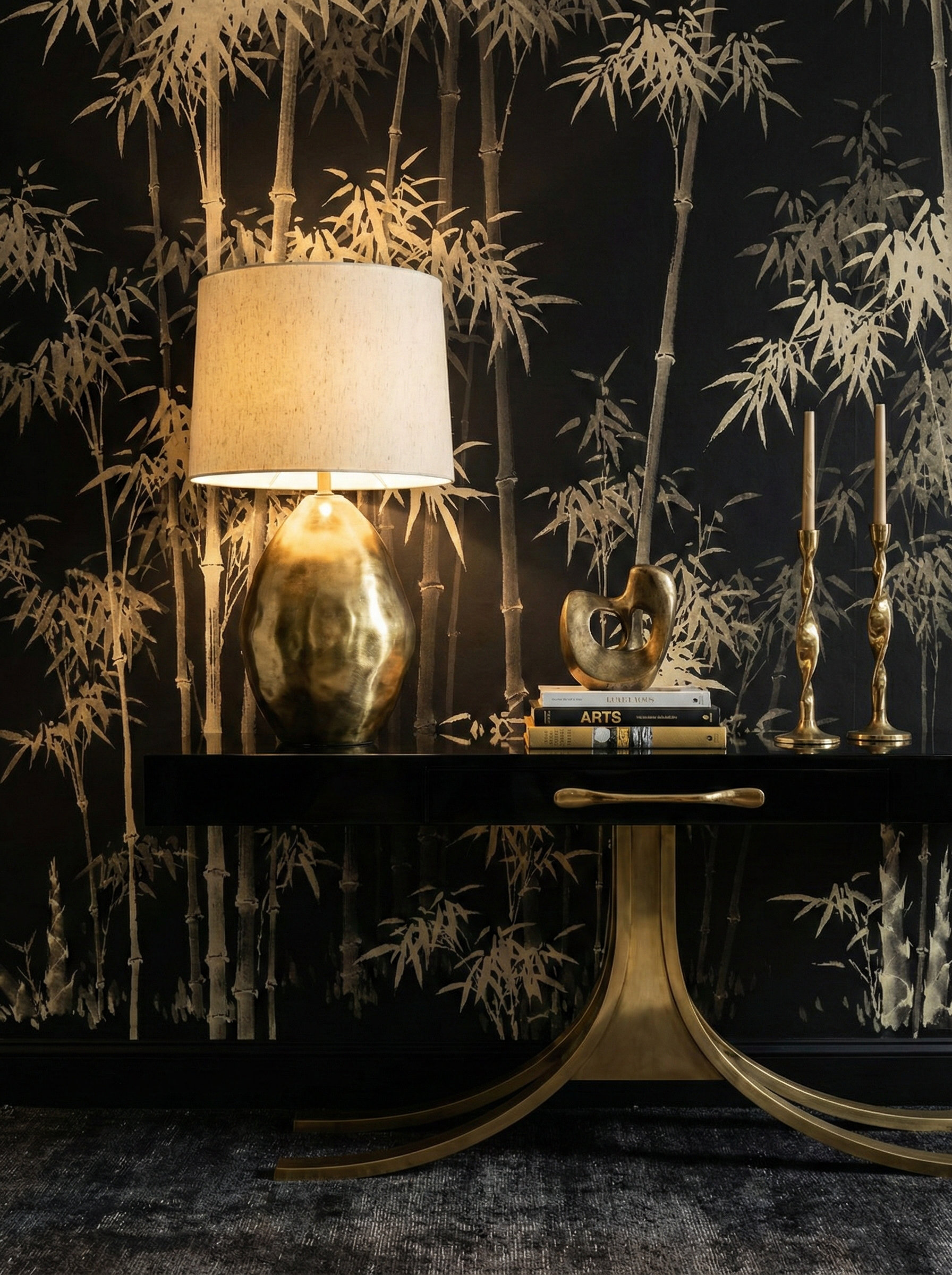 Musee | Bamboo Rhythms Wall Mural Musee custom wall mural featuring a traditional ink wash painting of a bamboo forest with detailed leaves and stalks in a serene Chinoiserie style.