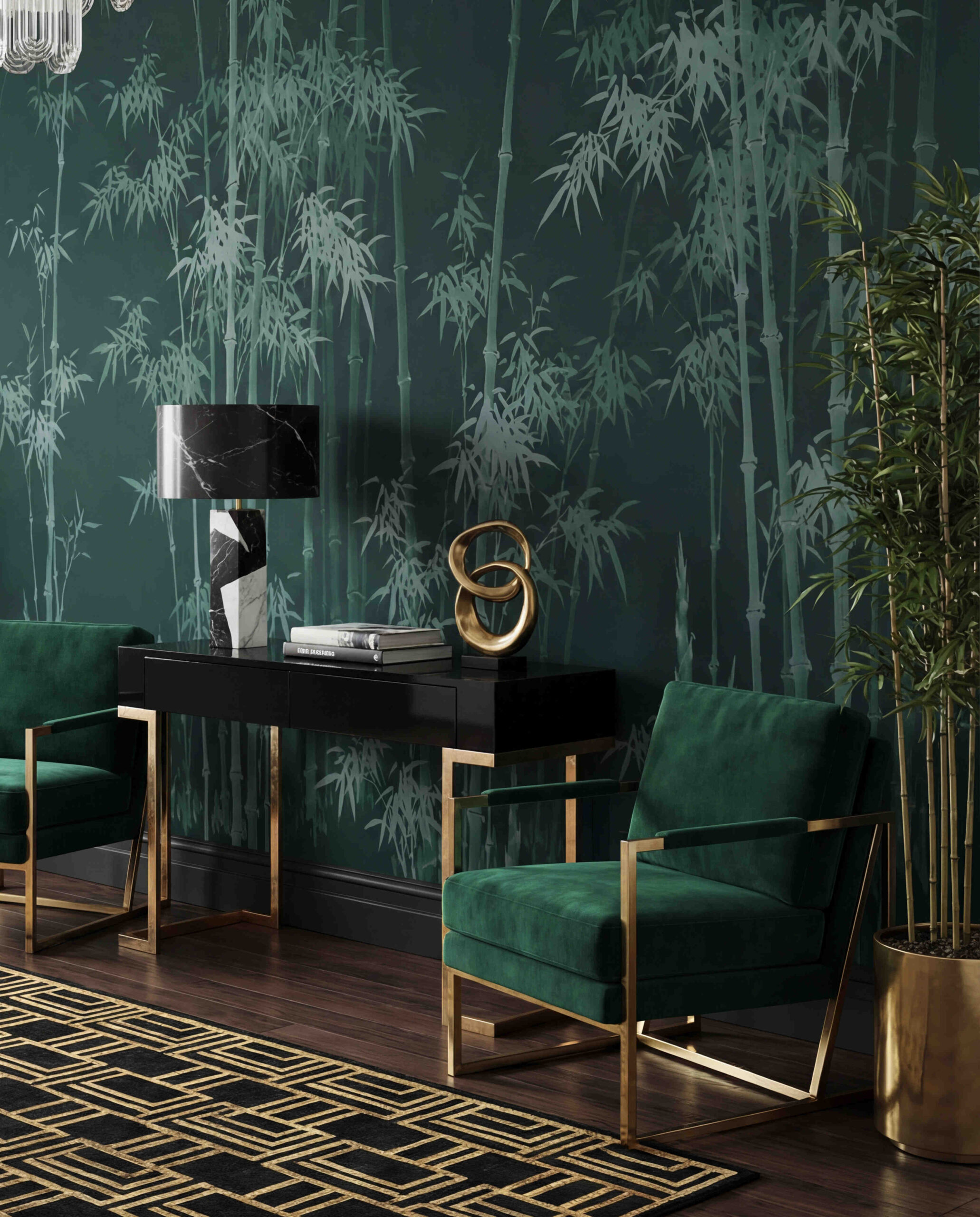 Musee | Bamboo Rhythms Wall Mural Musee custom wall mural featuring a traditional ink wash painting of a bamboo forest with detailed leaves and stalks in a serene Chinoiserie style.