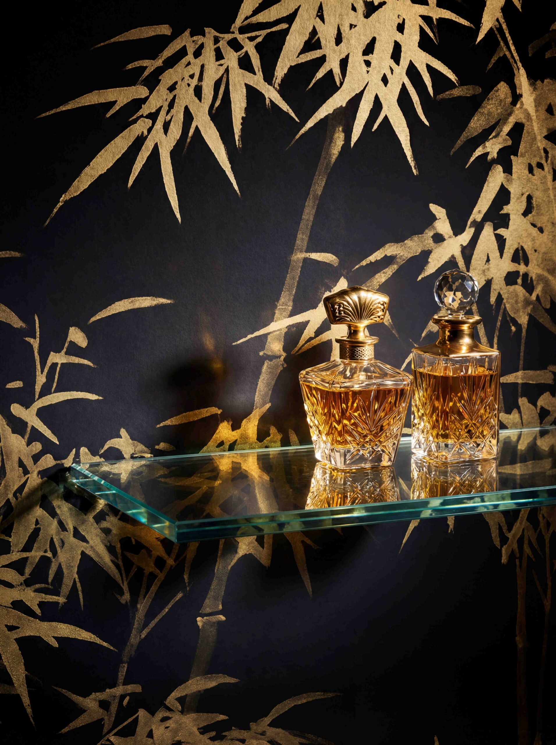 Musee | Bamboo Rhythms Wall Mural Musee custom wall mural featuring a traditional ink wash painting of a bamboo forest with detailed leaves and stalks in a serene Chinoiserie style.