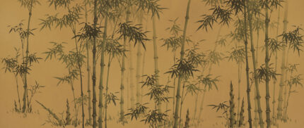 Musee custom wall mural featuring a traditional ink wash painting of a bamboo forest with detailed leaves and stalks in a serene Chinoiserie style.
