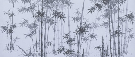 Musee custom wall mural featuring a traditional ink wash painting of a bamboo forest with detailed leaves and stalks in a serene Chinoiserie style.