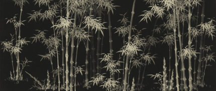 Musee custom wall mural featuring a traditional ink wash painting of a bamboo forest with detailed leaves and stalks in a serene Chinoiserie style.