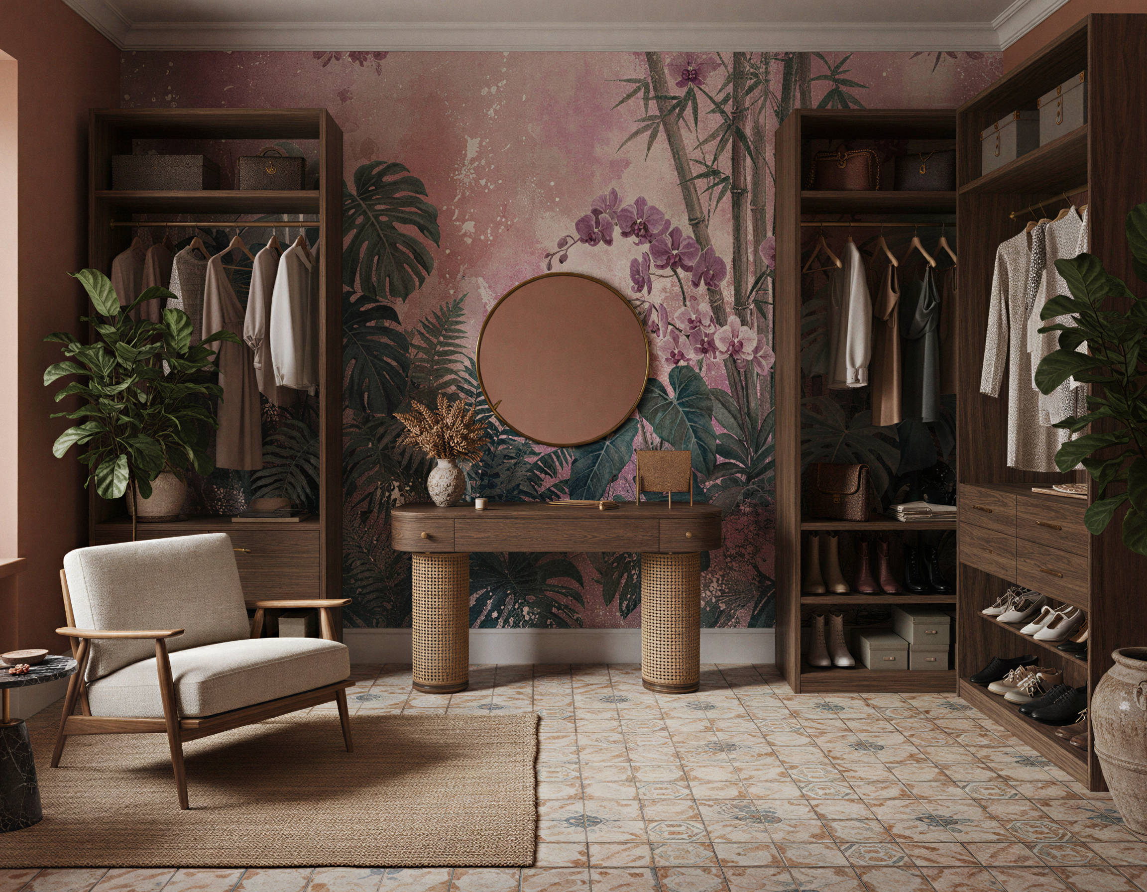 Musee | Orchid Oasis Wall Mural Musee custom wall mural highlighting elegant purple orchids blooming amidst artistic Monstera leaves and tropical ferns with a textured background.