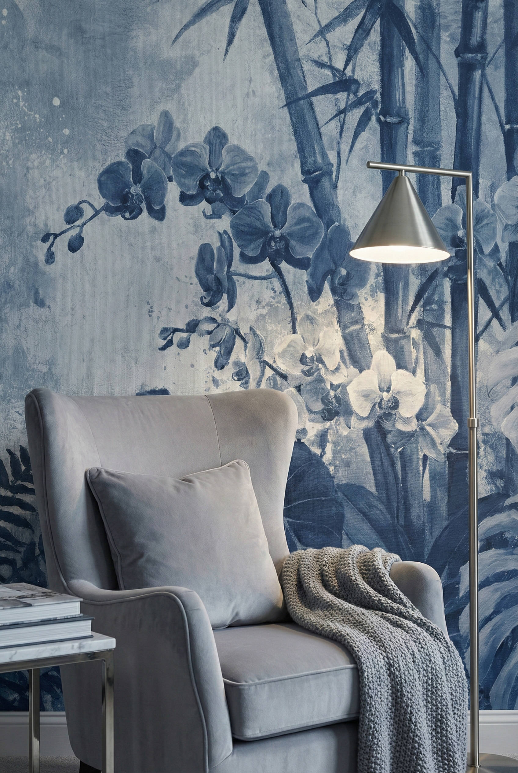 Musee | Orchid Oasis Wall Mural Musee custom wall mural highlighting elegant purple orchids blooming amidst artistic Monstera leaves and tropical ferns with a textured background.