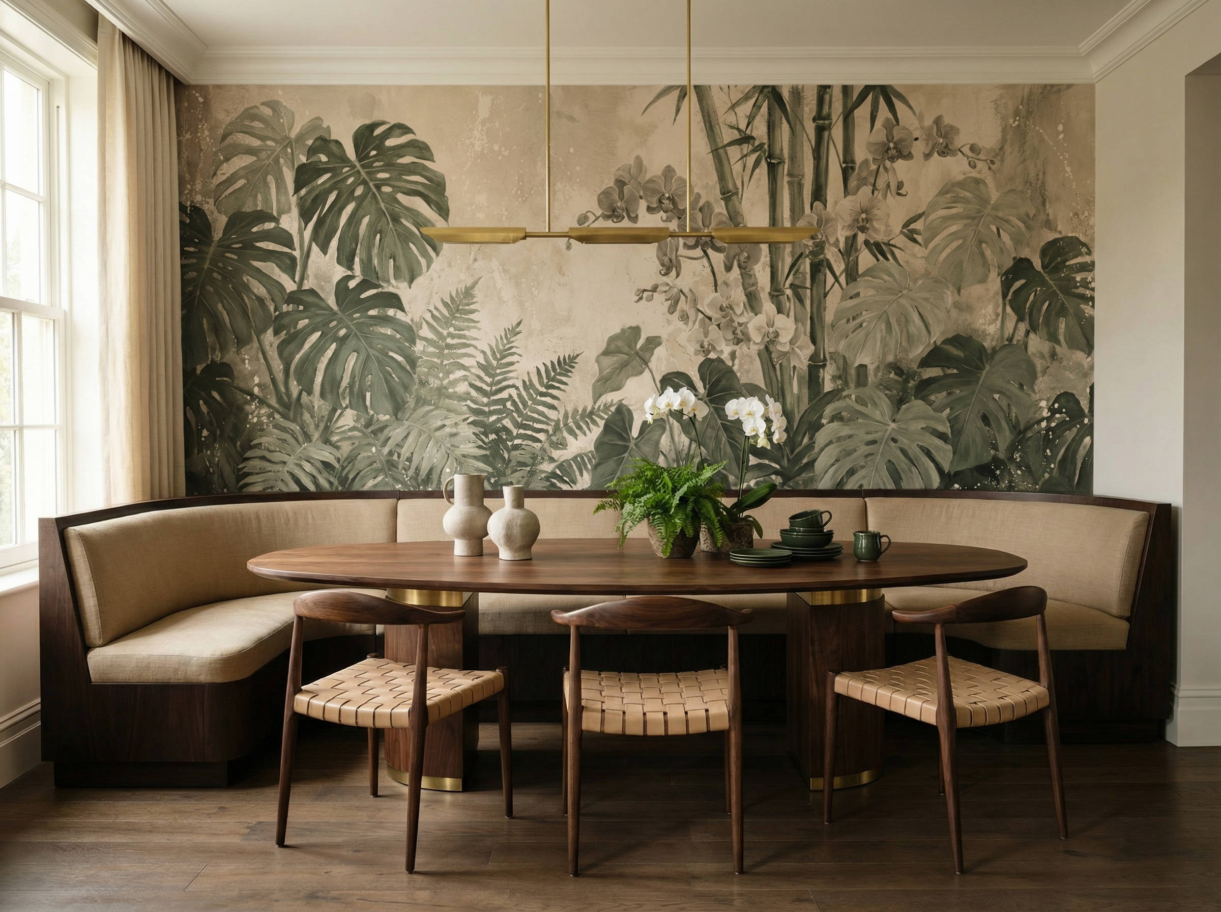 Musee | Orchid Oasis Wall Mural Musee custom wall mural highlighting elegant purple orchids blooming amidst artistic Monstera leaves and tropical ferns with a textured background.